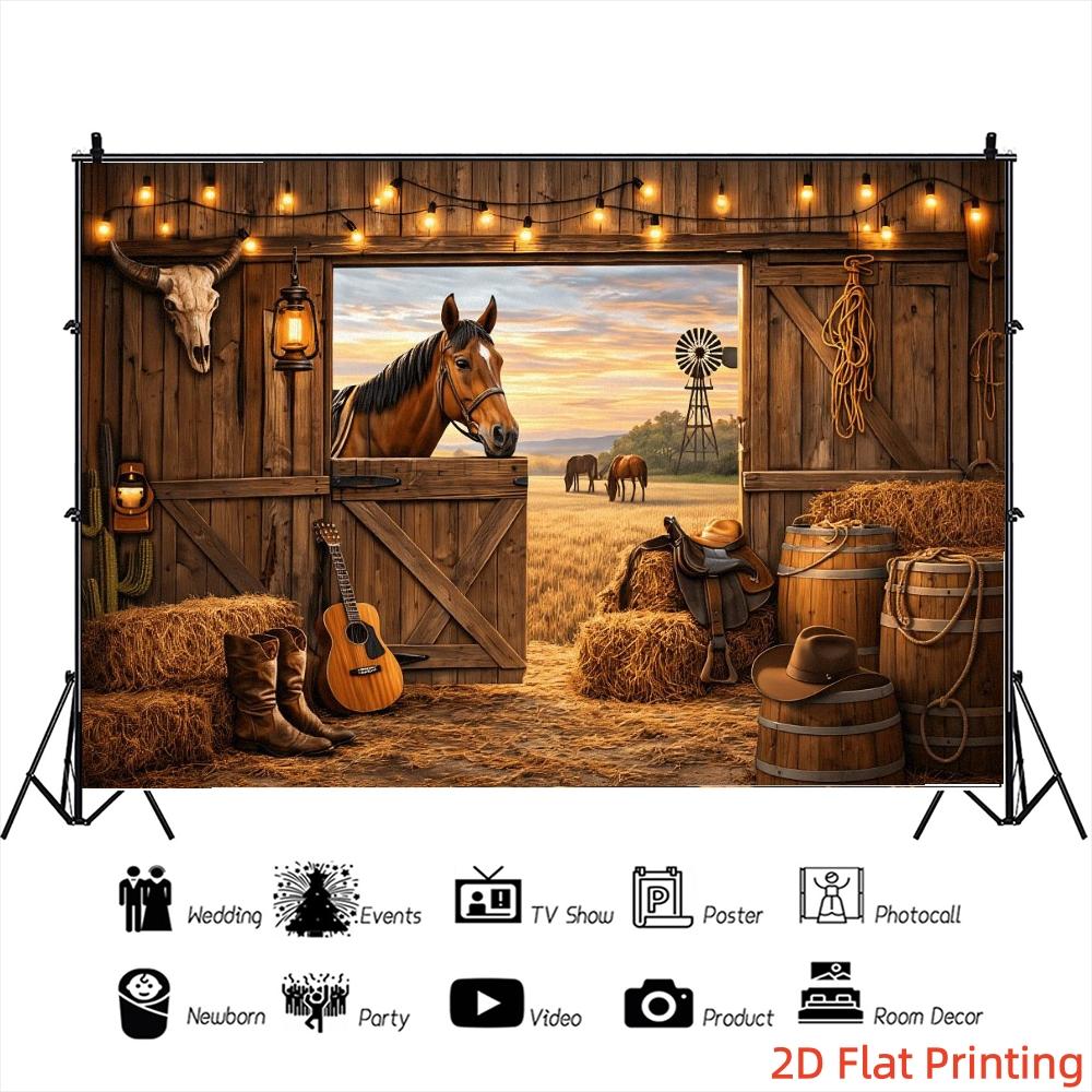 2D 1pc Western cowboy barn wall backdrop fabric, Decor, retro ranch, wooden barn door, sunset grassland, horse, cowboy boots, guitar and string light elements, suitable for western theme parties, multiple sizes available
