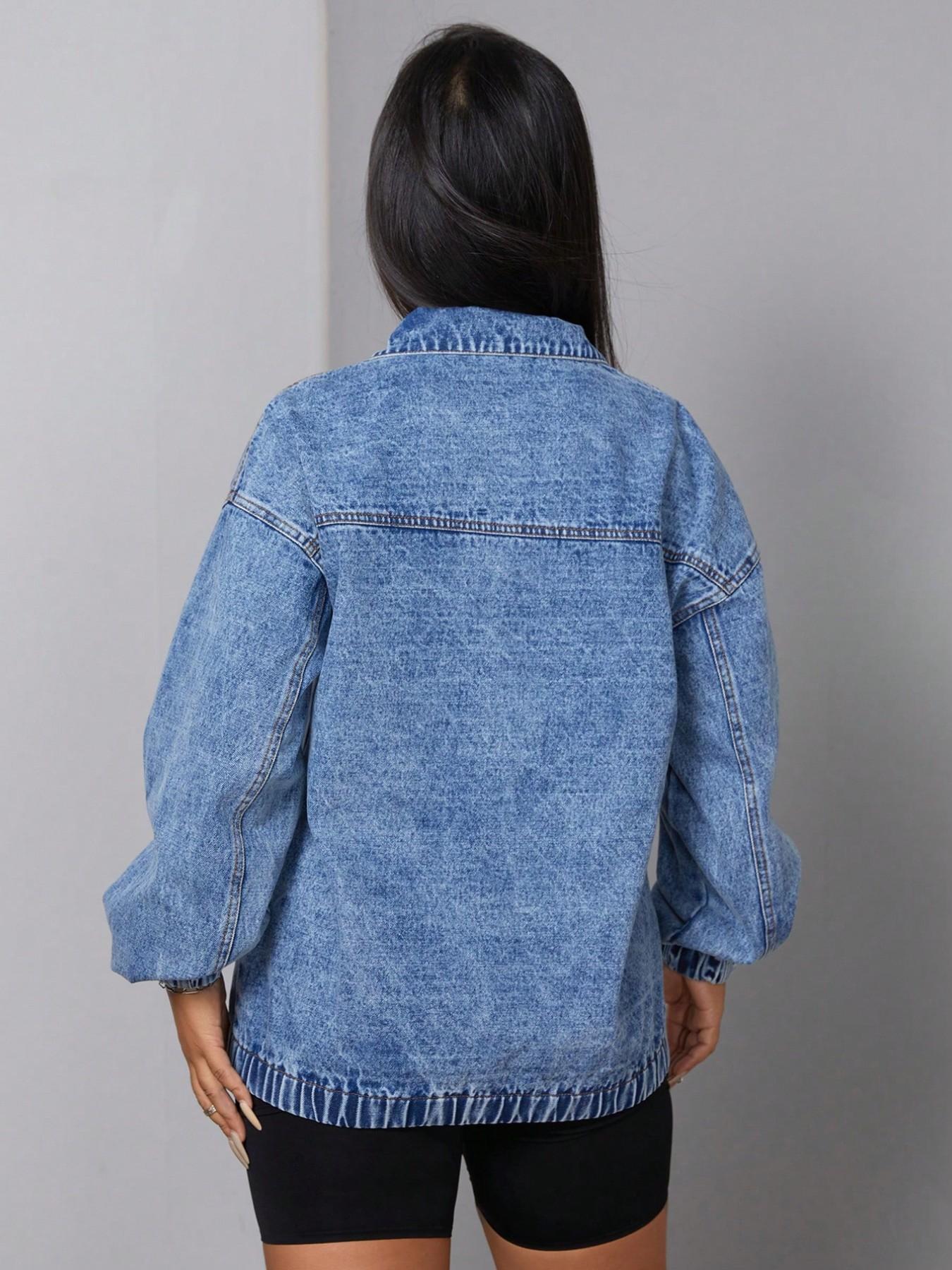 Women's Denim Jacket with Half Zipper and Standing Collar, Loose Fit Drop Shoulder Long Sleeve Top, Washed Vintage Pullover Casual Fashionable Stylish Outerwear Coats