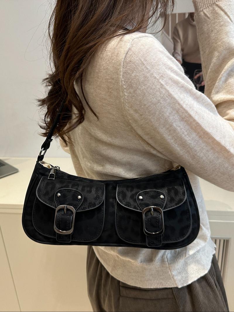 Women's Leopard Print Shoulder Bag, Vintage Dual Pocket Handbag with Zipper Closure, Fashionable and Versatile, Fashionable Patterned Bag, Perfect for Daily Use