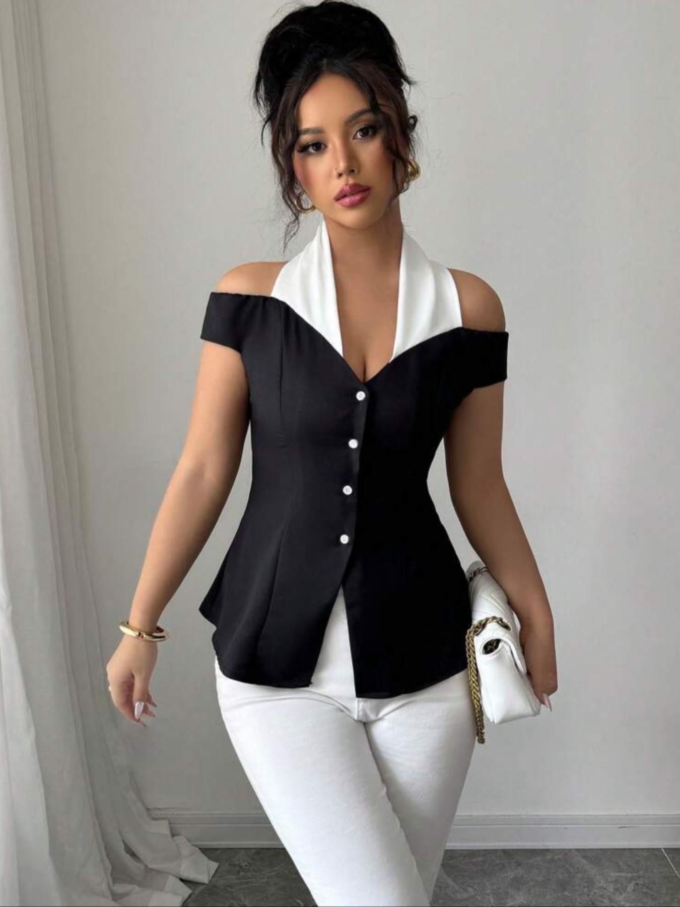 Women's Elegant Commuter Colorblock Off-Shoulder Halter Neck Top, Casual Everyday Top, womenswear, Summer Wear, Fitted, Stylish, Chic and Comfortable, Perfect for Office and Casual