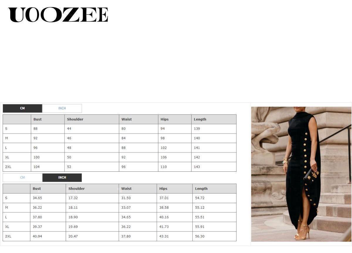 UOOZEE Women's Casual Maxi Dress - Loose, Sleeveless, Solid Black, Split-Side, Shawl Collar, High Neck, Cotton, Button-Accented, Summer Womenswear