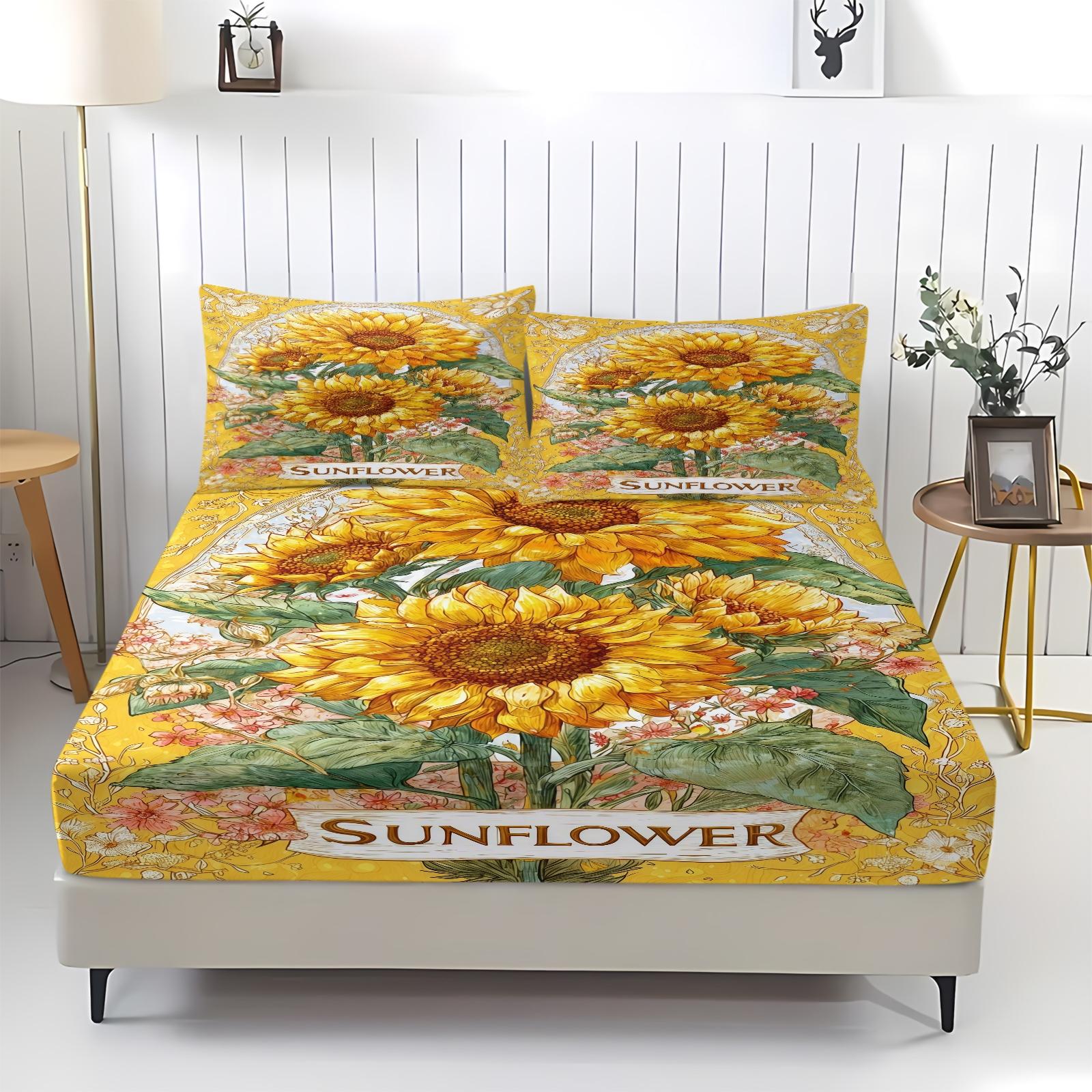 3-Piece Sunflower Patterned Bed Sheet Set, Soft And Durable Bedding Set, Including 1 Bed Sheet And 2 Pillowcases, Suitable For Children And Adults For Daily Holiday Birthday Gifts, Bedroom Decorations