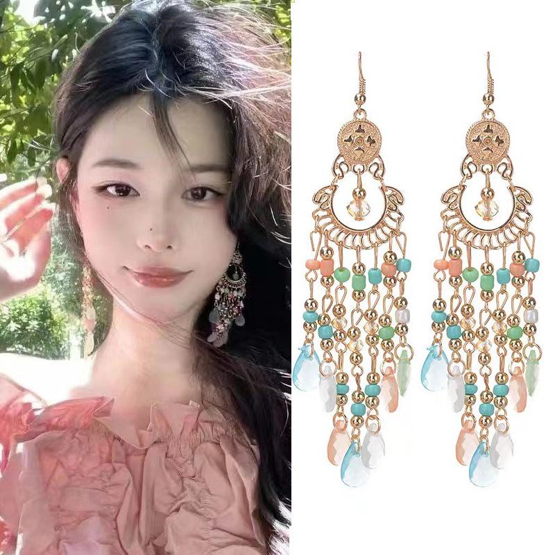 Ethnic Fringe Dangle Earrings Colorful Beaded Chandelier Style for Women’s Boho & Festival Fashion Turquoise & Gold Tone Drop Earrings for Beach Vacations & Festivals Long Fringe Drop Earrings for Bohemian Style, Parties & Vacation Wear campingessentials