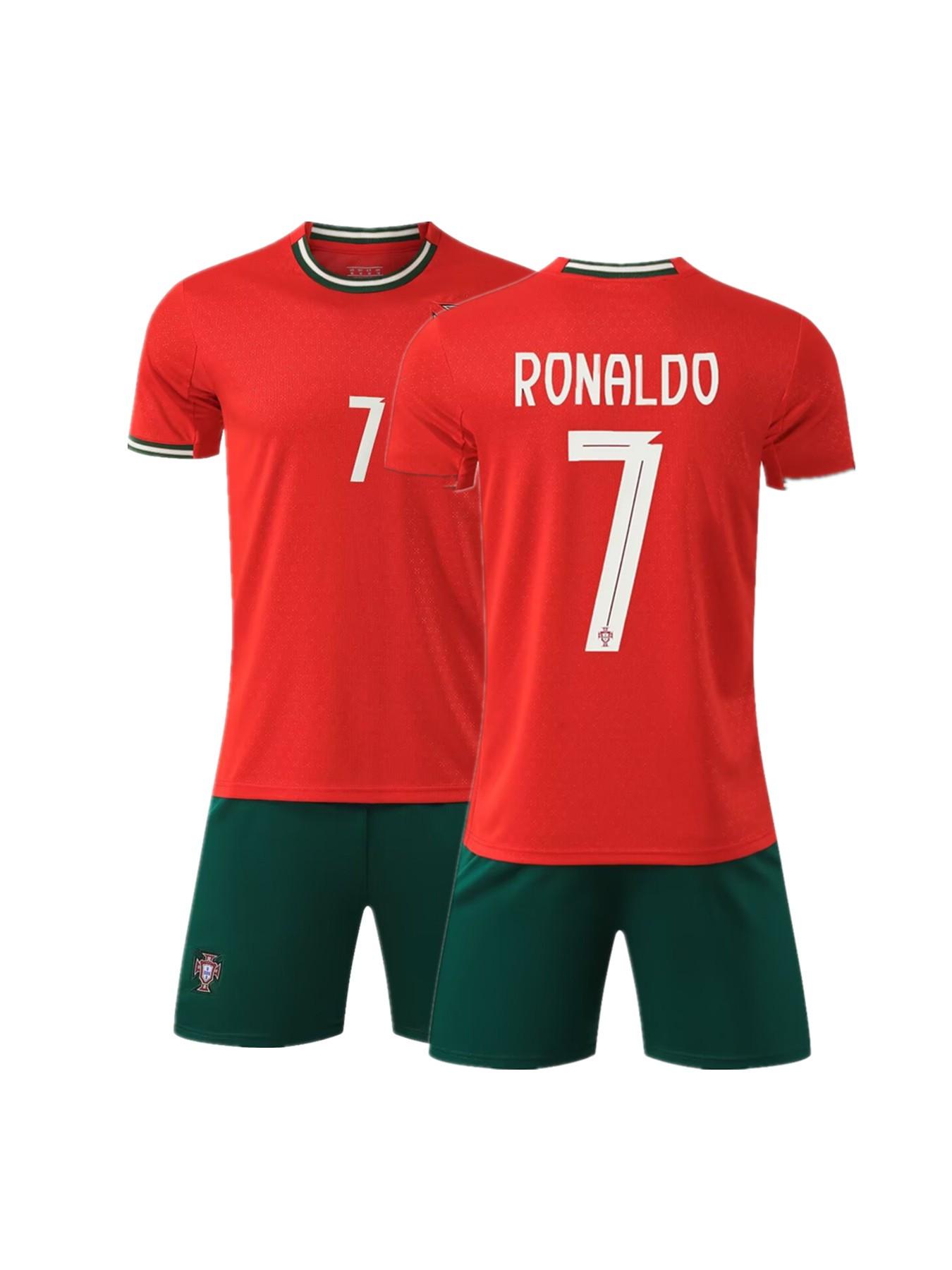 Sports Set, Breathable Portugal Ronaldo Football Jersey Fan Shirt Training Suit, Casual Short Sleeve and Shorts, All Seasons