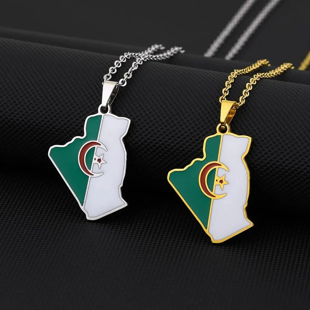 Africa Algeria Map Flag Pendant Necklace - Stainless Steel, Gold Tone - Long Chain with Map Beads - Patriotic Look Jewelry for Women - Birthday Gift Ideas, Girlfriend Birthday Gift