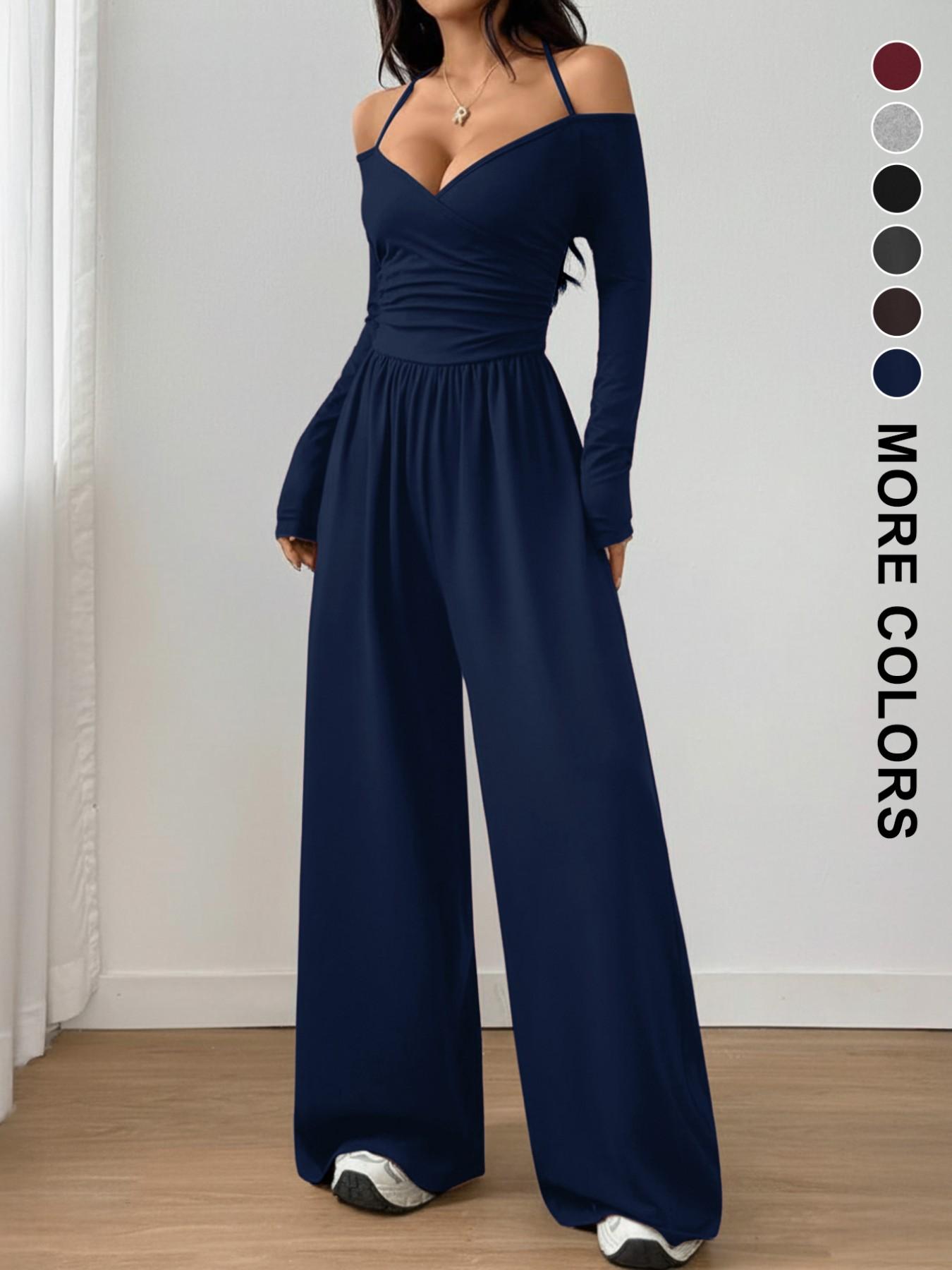 Women's Spring Summer Plain Knit Fashion Design Off-Shoulder Pleated Wide Leg Jumpsuit, Casual Daily Commute Pants, Slim-Fitting