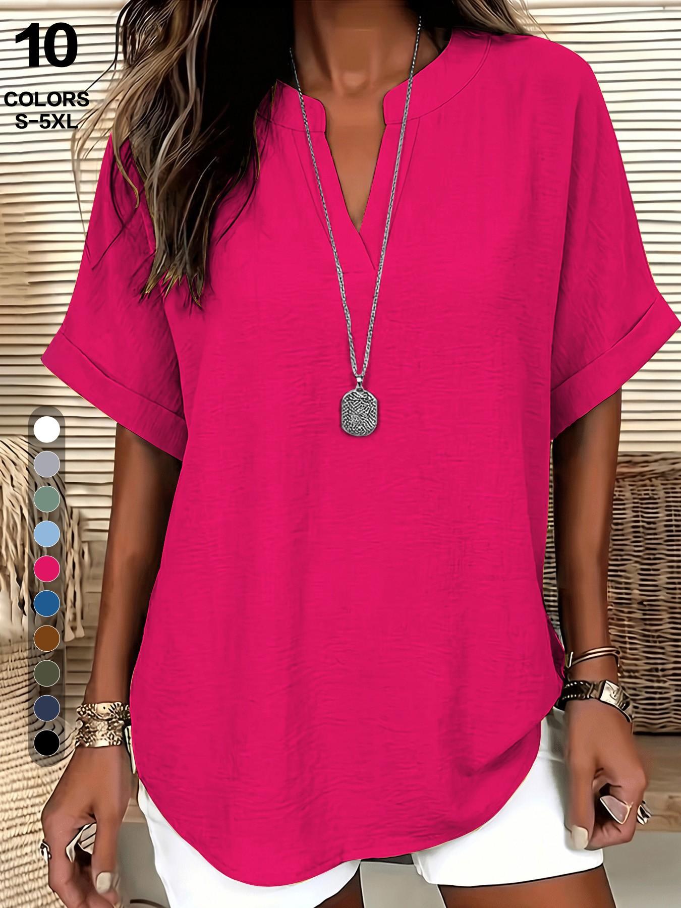 2026 European Style V Neck Short Sleeve Shirt, Casual Fitted T-Shirt, Summer Loose Fit, Hides Belly, Tall Look, Versatile Top