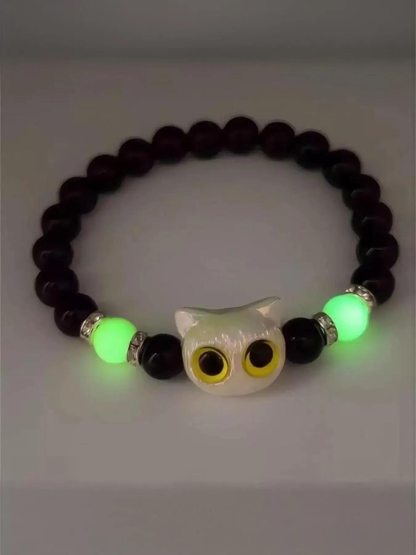 Cute Cat Charm Glow in the Dark Beaded Bracelets, Trendy Animal Pattern Jewelry, Casual All-Season Accessory for Women & Men