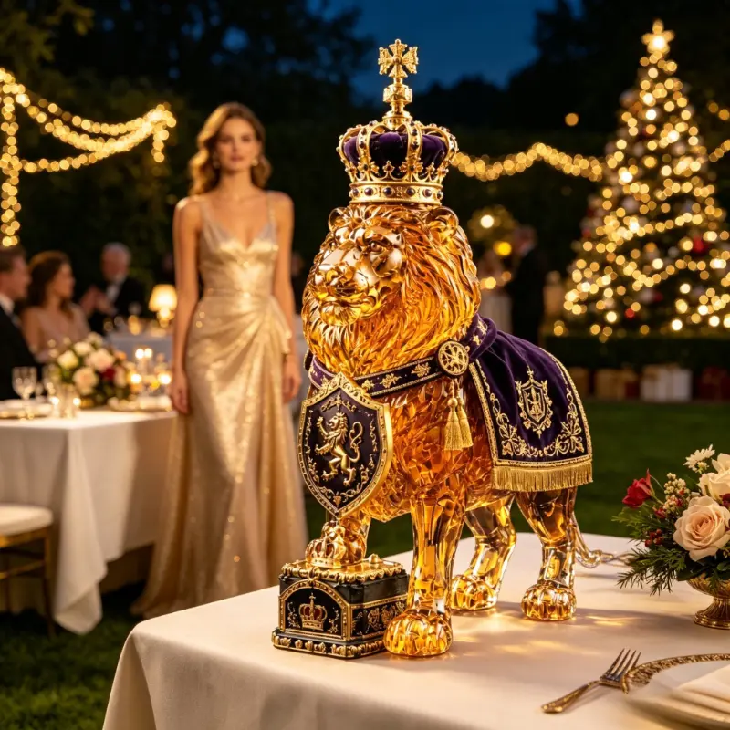 Luxury Hand-Carved Lion Crest Crystal Decanter with Lion Crown Shield & Velvet Cape - Hand-Carved Glass Whiskey/Brandy Bottle, Lion Crest Shield Decorative Tabletop Display Suitable for Home Bar, Dining Table, Collectible Gift for Whiskey Lovers