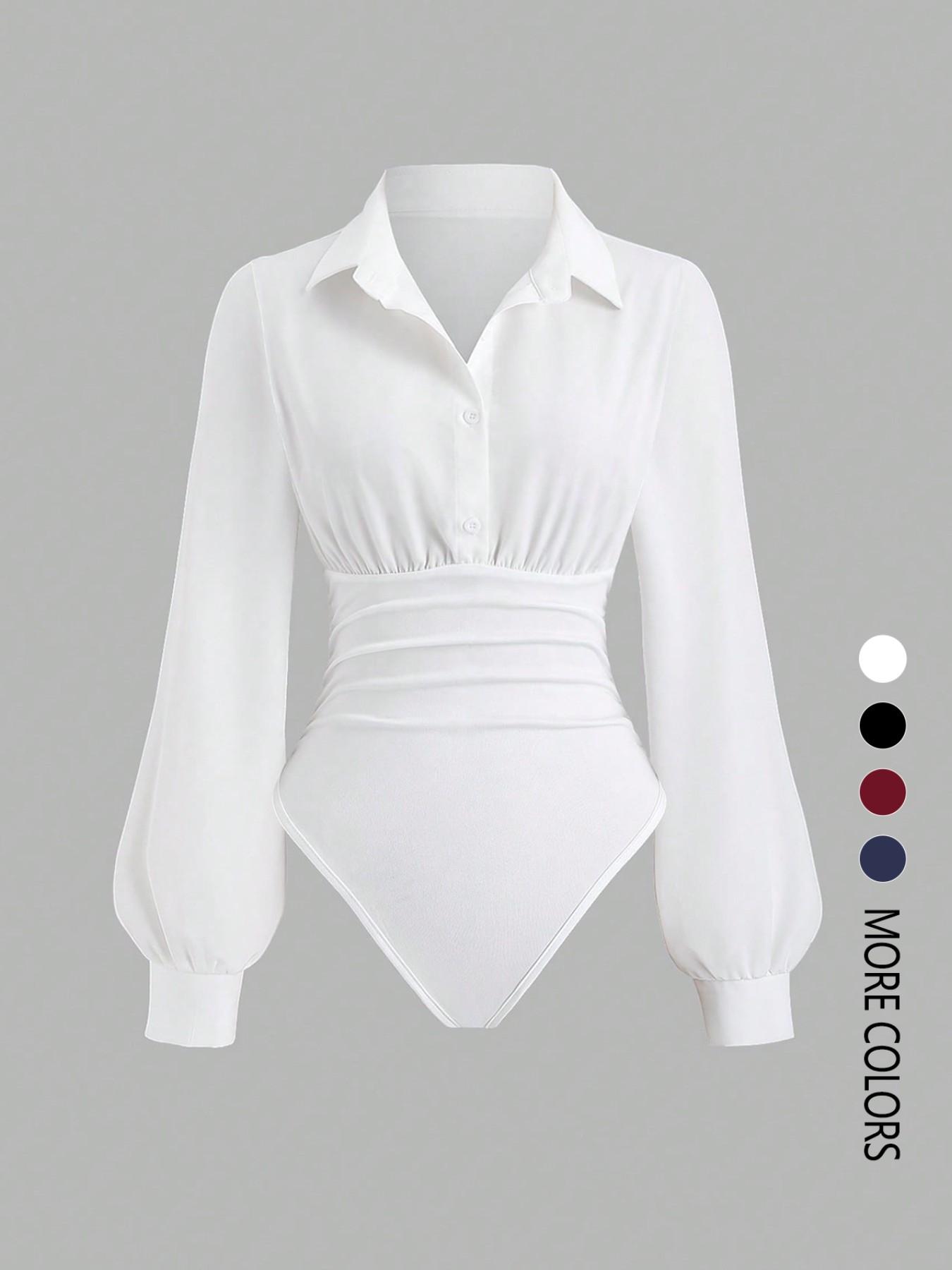 Women's solid color slim-fit V-neck long-sleeved shirt jumpsuit, elegant woven fabric, slim fit, suitable for all seasons, and can be layered flexibly Bodysuits