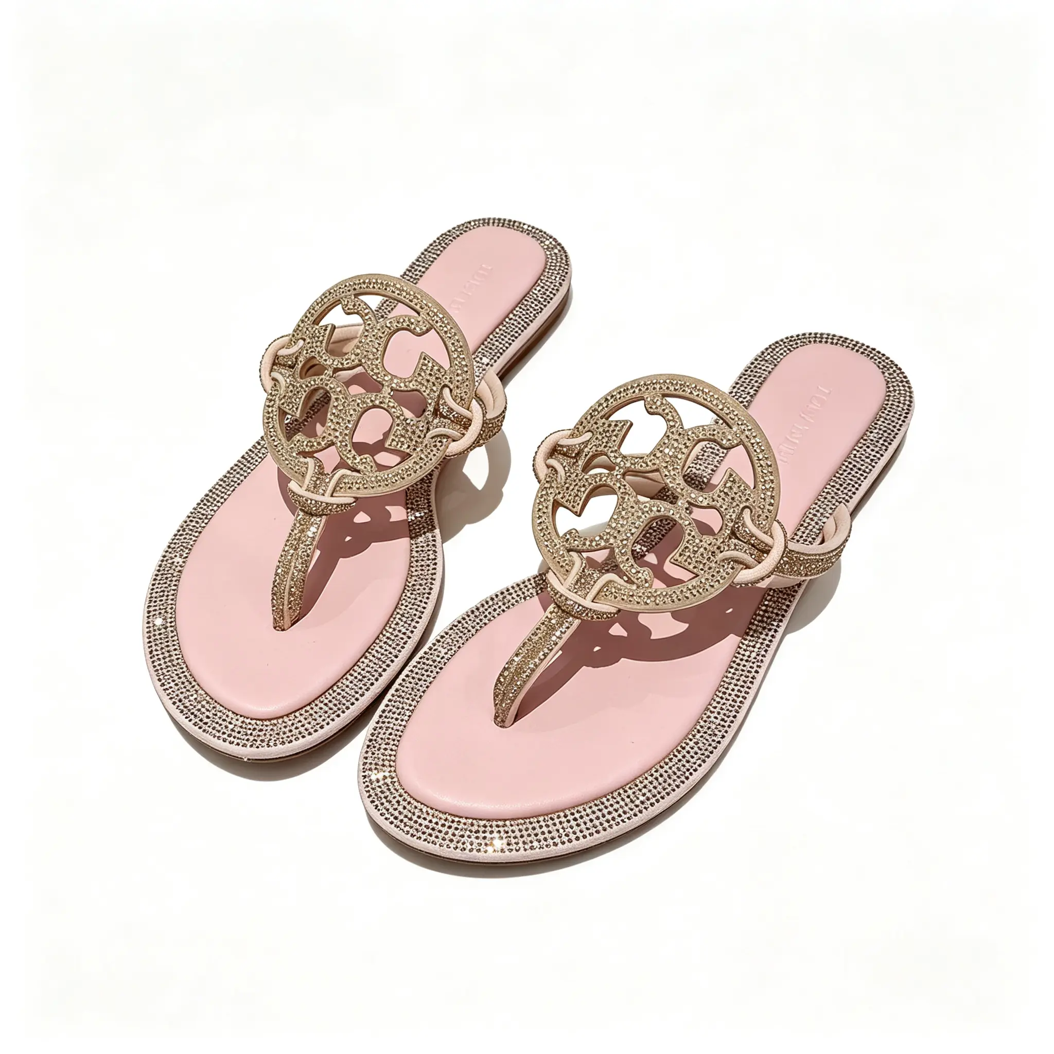 Women Champagne Rhinestone Hollow Circular Flip Flops Bling Crystal Border Trim Pool Slide Sandals Pink Soft Padded Footbed Open Toe Thong Slippers Anti Slip Flat Sole Summer Beach Vacation Dressy Casual Walking Luxury Footwear