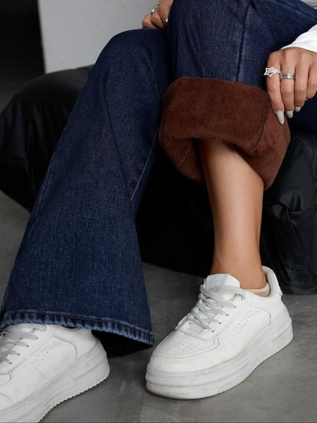 Women's Fleece Lined Thick Denim Flare Pants, Comfortable Winter Fashion Jeans, Elegant Plain Design, All Seasons Wear