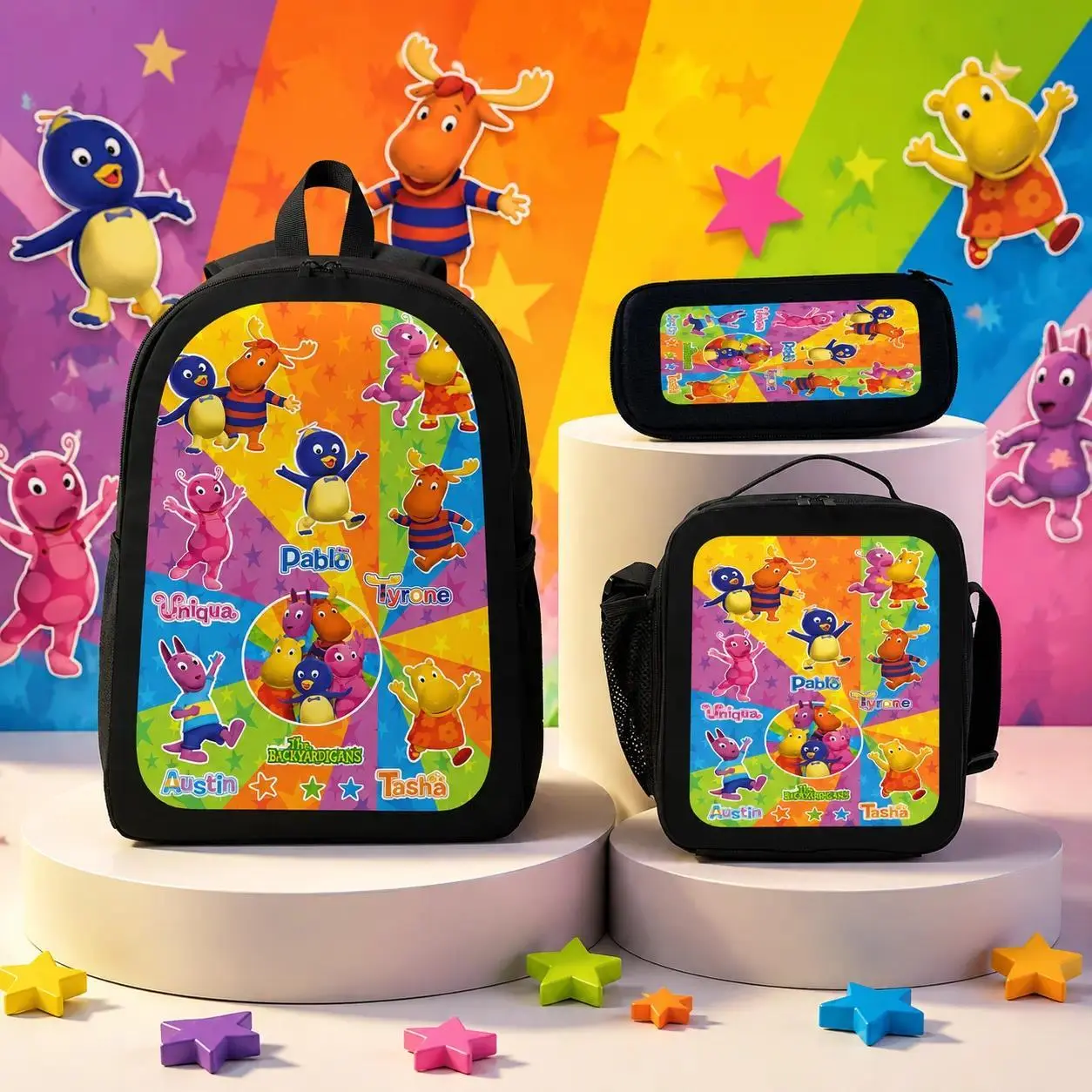 Backyardigans Cartoon Backpack Set 3PCS School Backpack Lunch Bag Pencil Case Cute Anime Style Bookbag Lightweight Daypack for Teens Students Backpacks for School Women Men Travel Casual Backpack Set Gift Idea