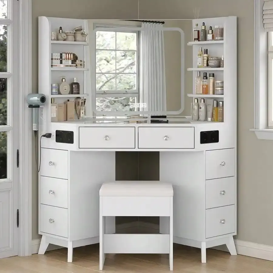Modern White Sturdy MDF Frame Corner Makeup Vanity Desk with Glass Top, Bluetooth Speaker, 8-Drawer High Capacity Storage, 6 Shelves, 3-Color Lighting, Mirror & Matching Chair
