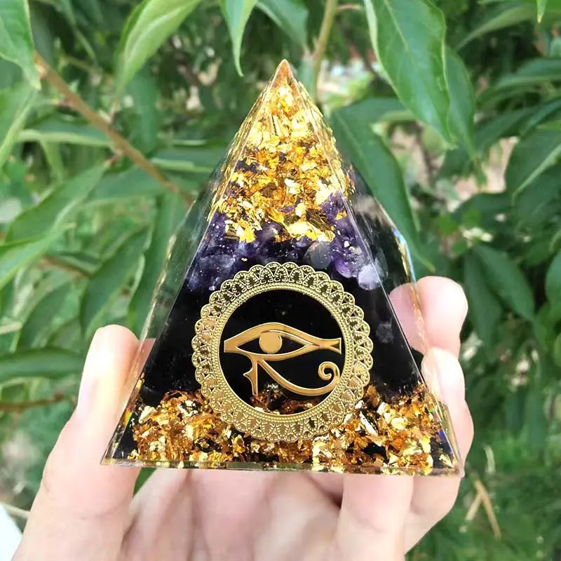 Crystal Sphere Orgonite Pyramid, Black Obsidian Resin Orgone Pyramid with Totem, Natural Quartz Crystal Chips Desk Ornament, Handmade Energy Protection Statue, Aesthetic Home Room Decor, Meditation Gift