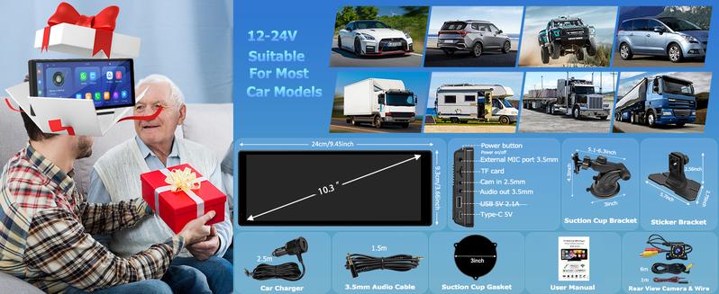 2025 10.3-inch Portable Carplay Screen for Car Compatible with Apple CarPlay and Android Auto,Wireless Car Play Unit with GPS Navigation,Bluetooth,Mirror Link, Rear Cam Touch Screen for All Vehicles