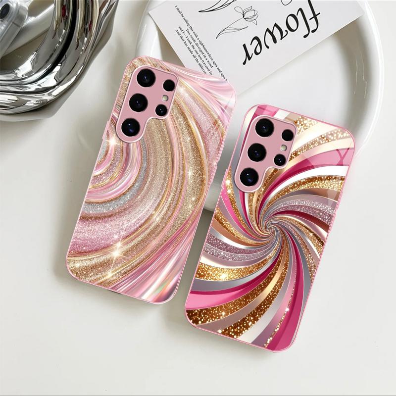 Luxury Rose Gold Swirl Phone Case with Flower Lanyard, Glitter Pink Art Aesthetic Cover for Galaxy S24 Ultra ---975