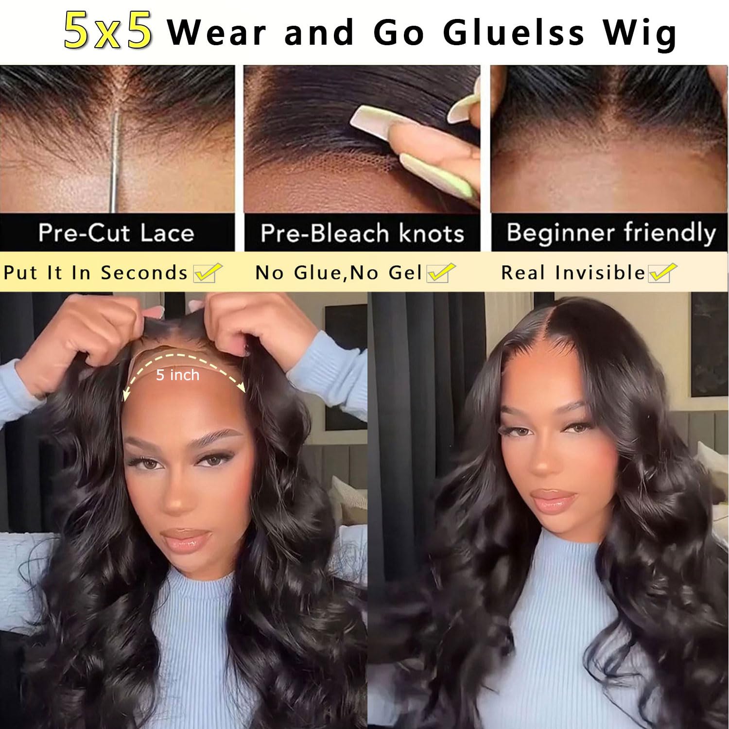 Bling Hair Body Wave 5x5 HD Lace Ready to Go Glueless Wigs Human Hair Easy Wear Pre Plucked Pre Cut Pre Bleached 6x4 Lace Closure Wigs 180% Density Long Wavy for Black Women Natural Color with Baby Hair For Black Women