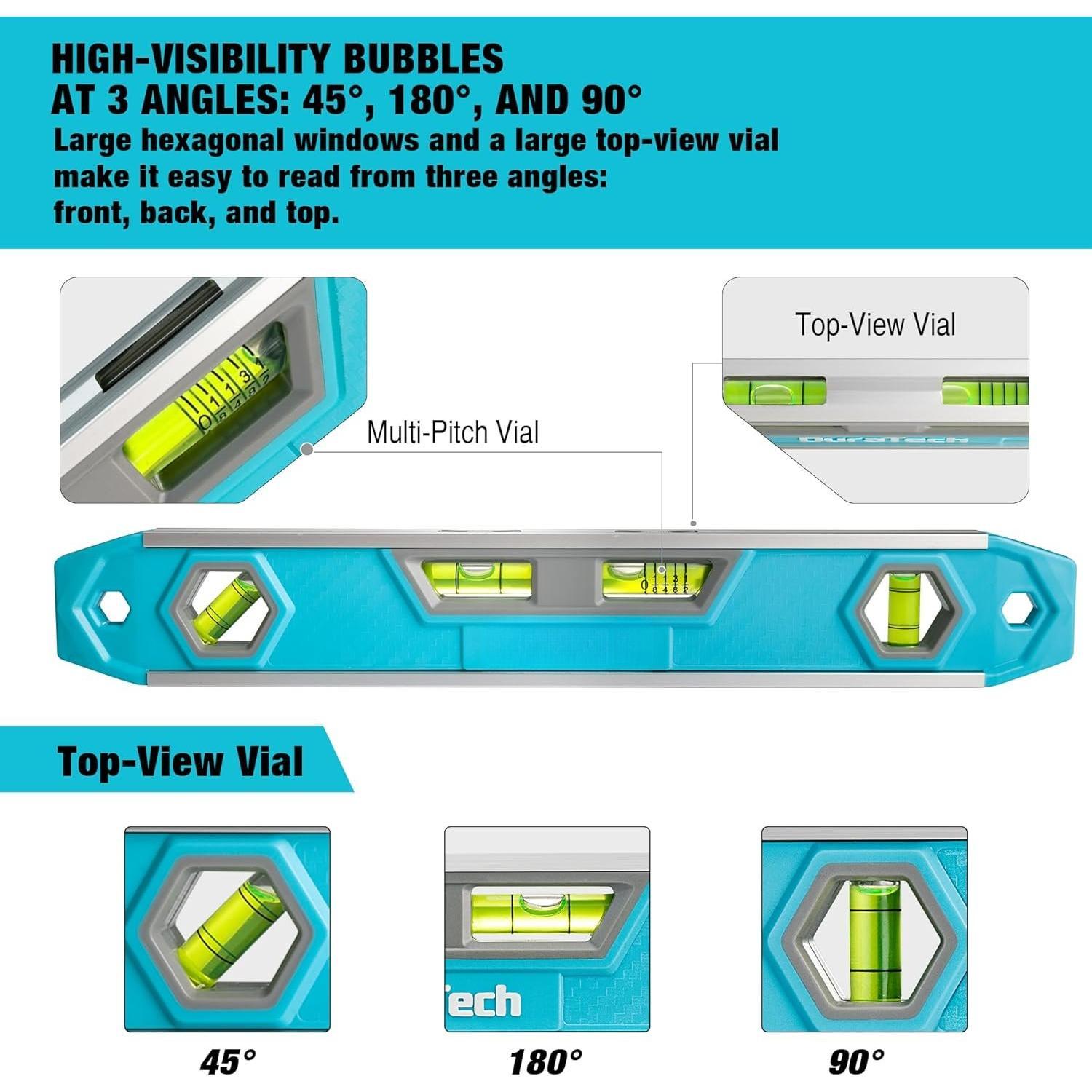 12-Inch Torpedo Level,  Leveler Tool with 0?/45?/90? Bubbles & Five-Line Grade Vial, V-, Large Viewing Windows,  Reinforced,  Hole for DIY and Household Projects