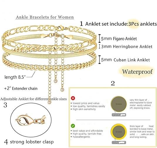 Tewiky Anklet Bracelets, Cuban Link Anklets Set, Layered Anklets for Women, Waterproof Jewelry Gift For Mother‘s day