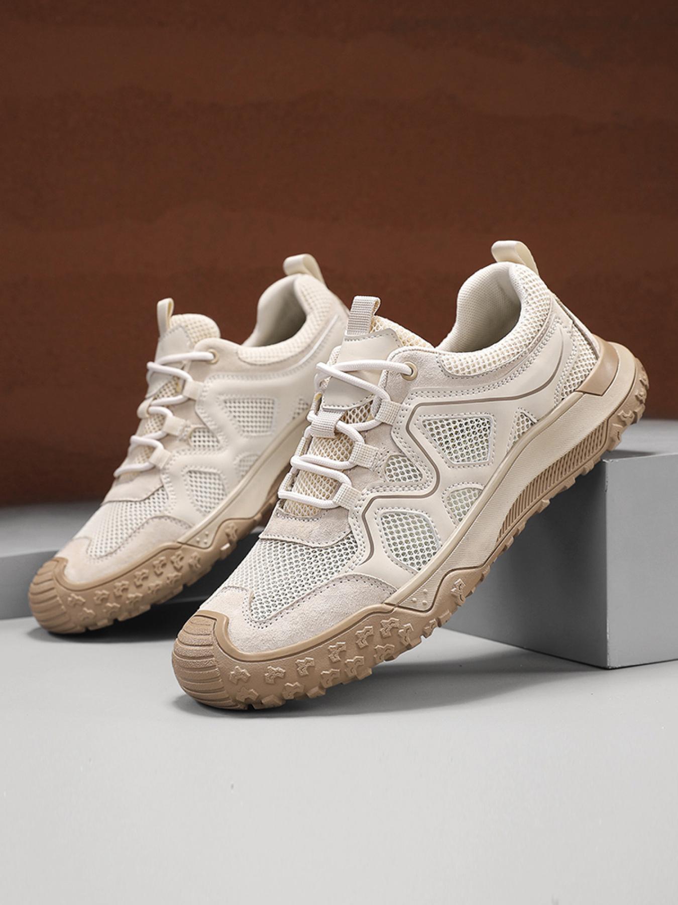 Men's Solid Color Mesh Breathable Outdoor Hiking Shoes Drawstring Toe Cap Trekking Shoes Non-Slip Wear-Resistant Casual Sneakers