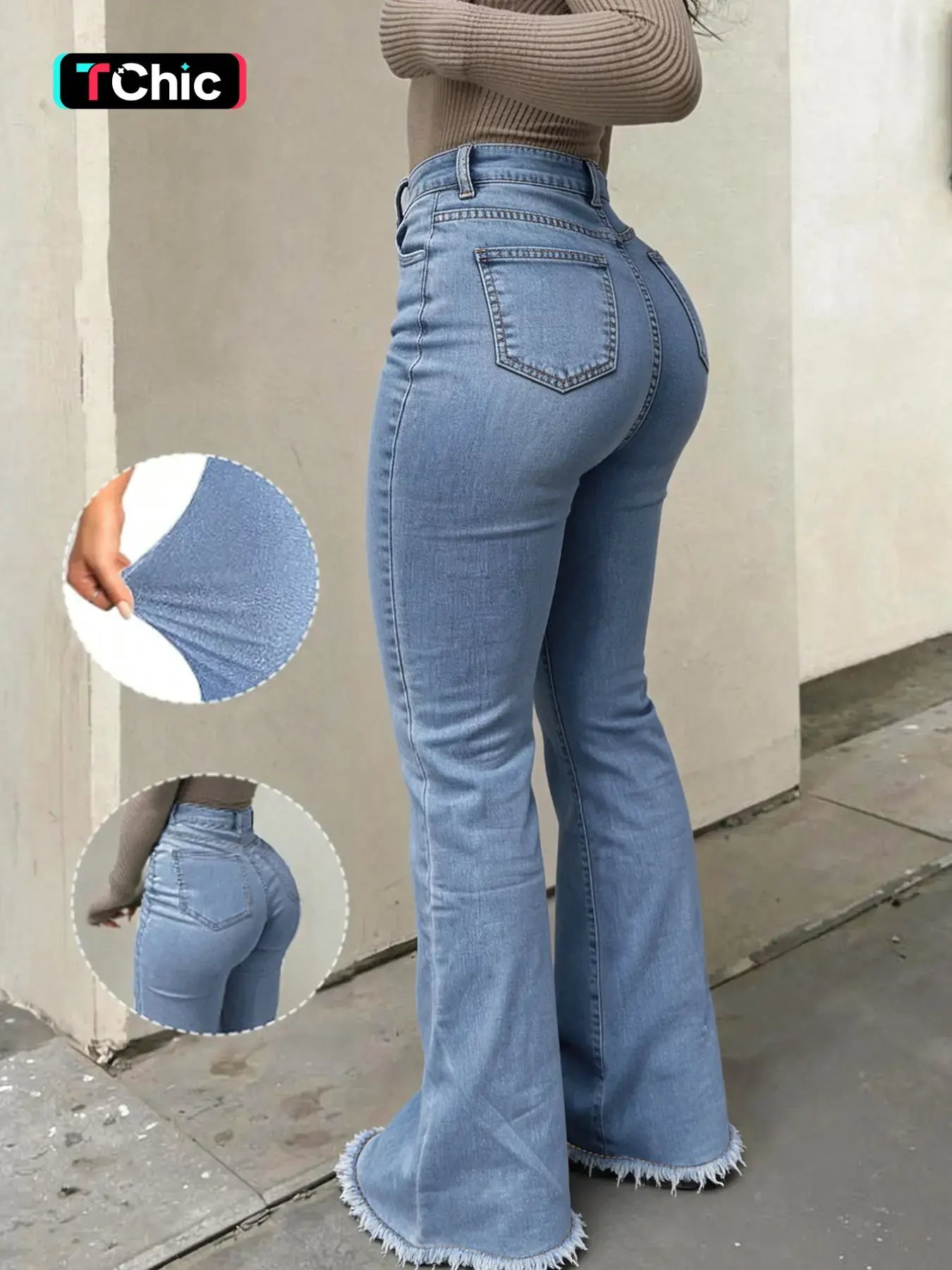 Elegant High-Waisted Stretchy Slim Fit Tall Denim Flare Pants for Women, Stylish Solid Color Versatile Look for All Seasons