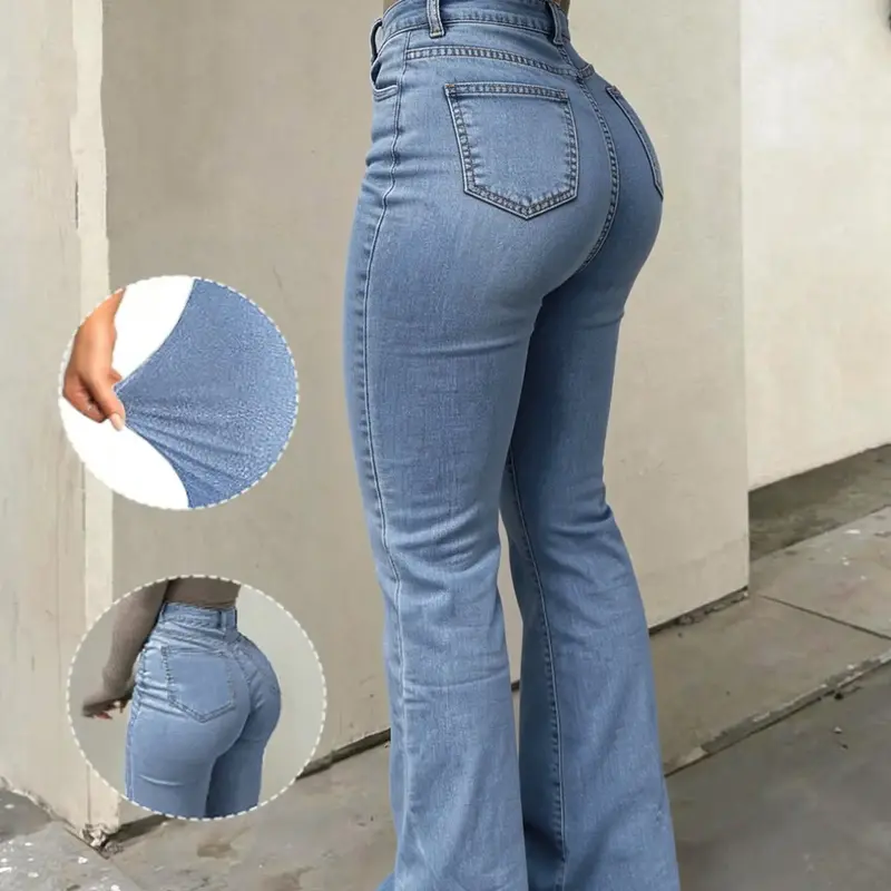 Elegant High-Waisted Stretchy Slim Fit Tall Denim Jean Flare Pants for Women, Stylish Solid Color Versatile Look for All Seasons