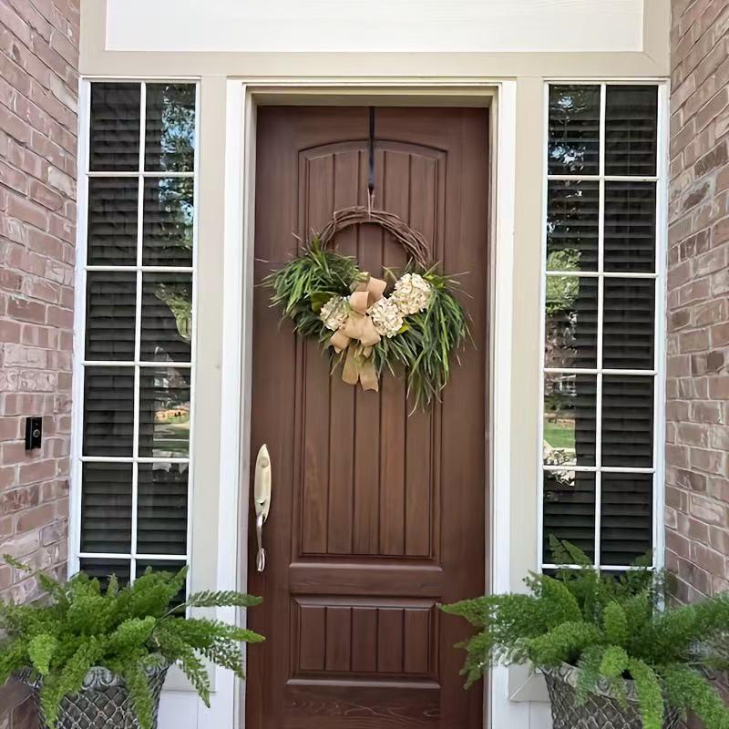 Rustic Hydrangea Wreath Hanging Decor, Bohemian Plastic Floral Door Hanger, Linen Bow and Leaves, Farmhouse Style, Holiday Decoration