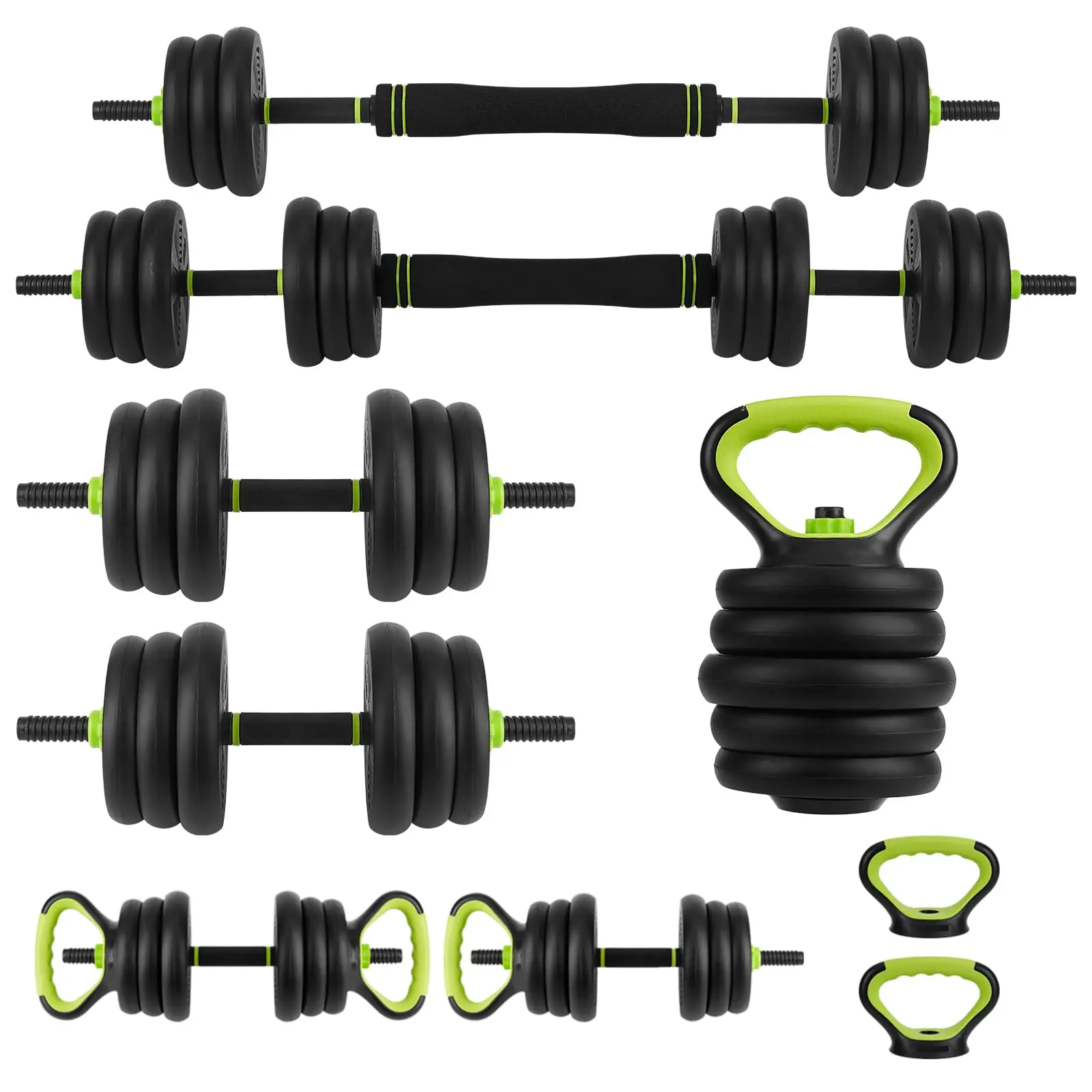 44 lb 4-in-1 Adjustable Dumbbell Set, Converts to Dumbbells/Barbell/Kettlebell/Push-Up Handles - Anti-Slip Grip, Rubber-Coated Plates - Compact Home Gym Strength Training Weights