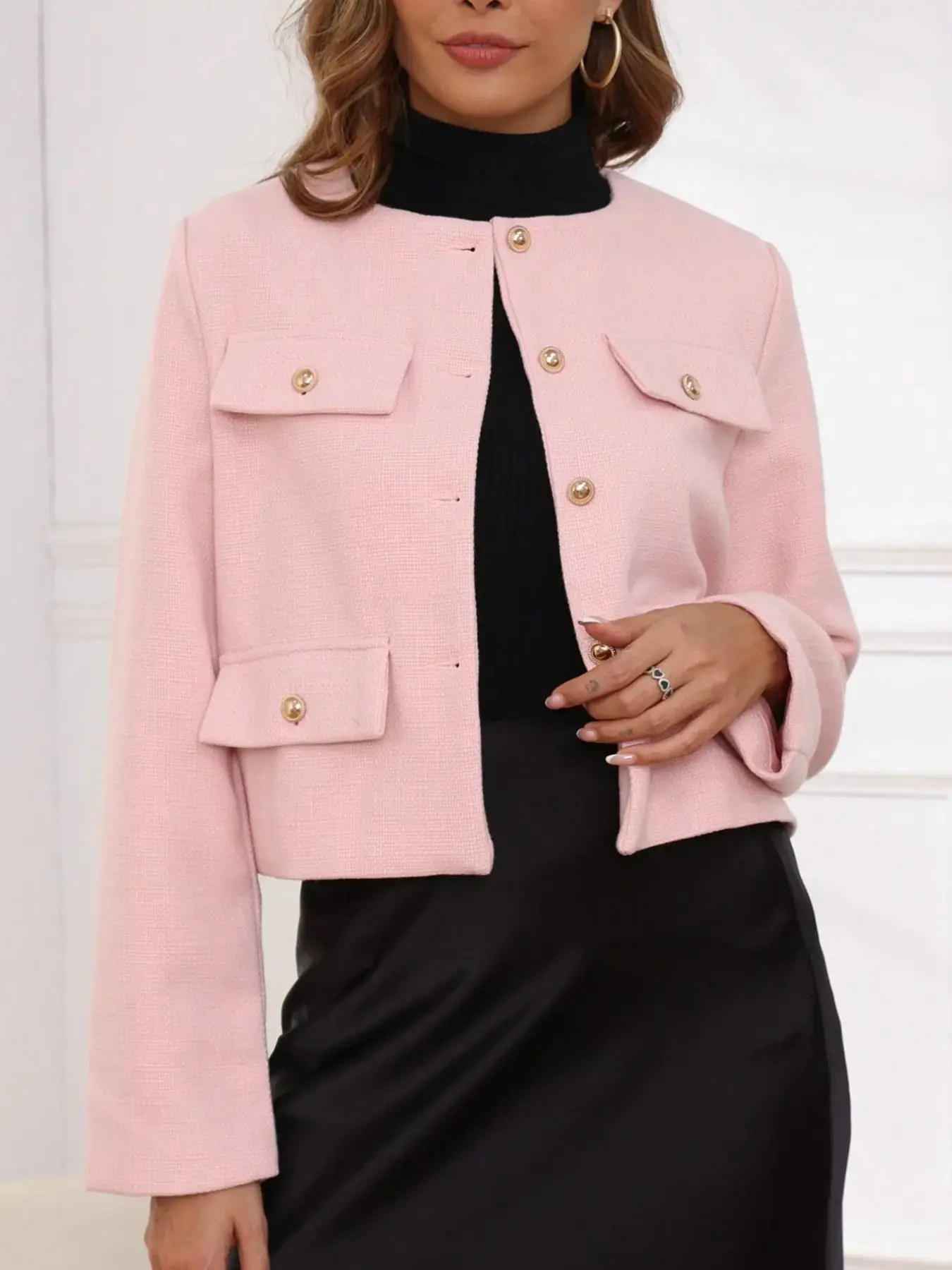 Women's Spring Summer Classic Chic Small Chiffon Round Neck Long Sleeve Short Jacket Coats, Four Pockets Metal Button Textured Design, Versatile Outerwear