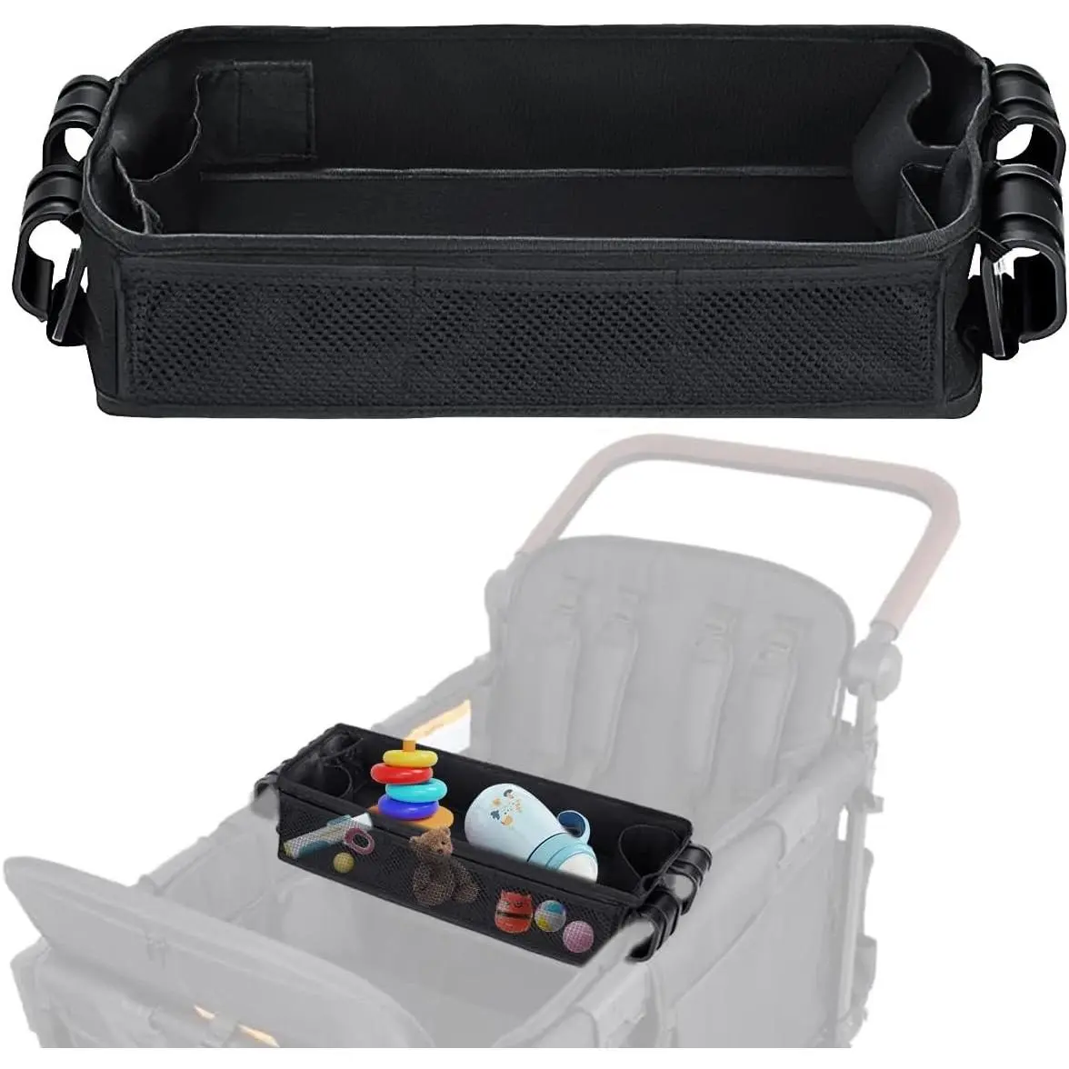 Upgraded Stroller Snack Tray Compatible with Wonderfold Wagon W2 Series - Extra Thick Base, Waterproof Faux Leather Sides, Side Mesh Pockets for Added Durability