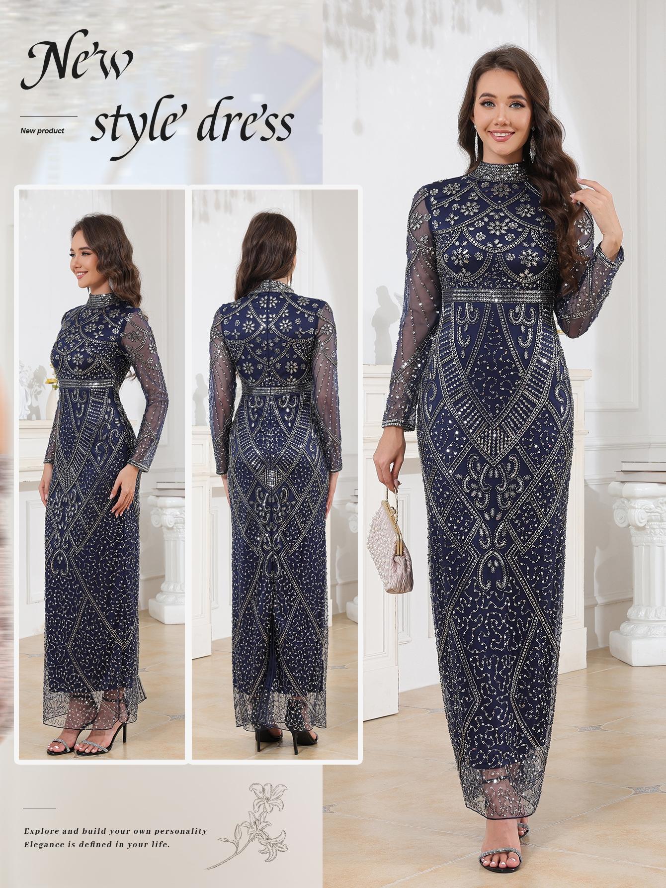 Celesmeety Women's Elegant Muslim Dress, Sequin Embroidery, Sheer Long Sleeve, Perfect for Party, Wedding, All Seasons, Classy Modest Dress
