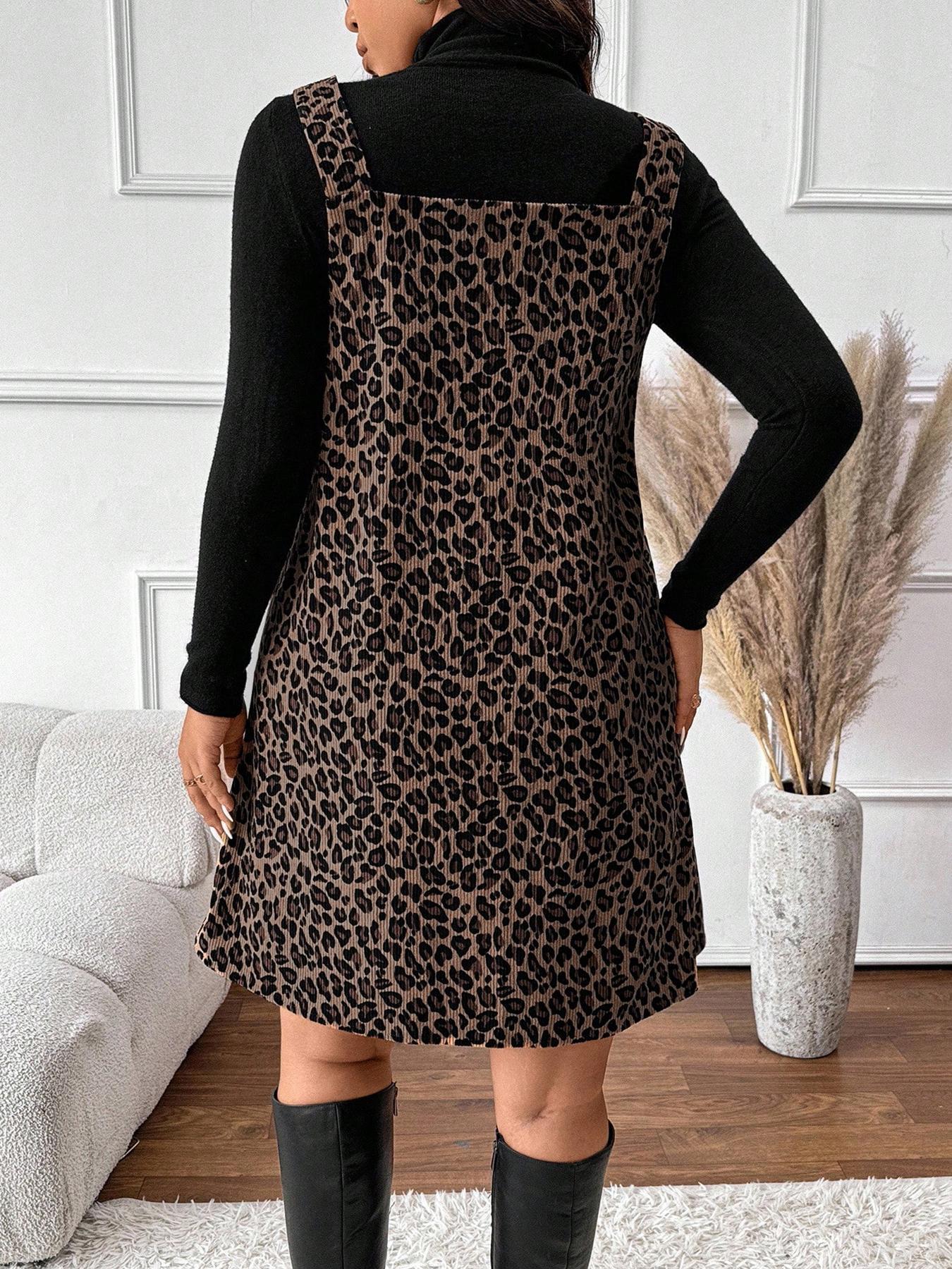 Women's High Neck Inner Layer + Leopard Print Strap Skirt Set, Casual Daily Spring Autumn Commuter, Two-Piece Ensemble Outfit