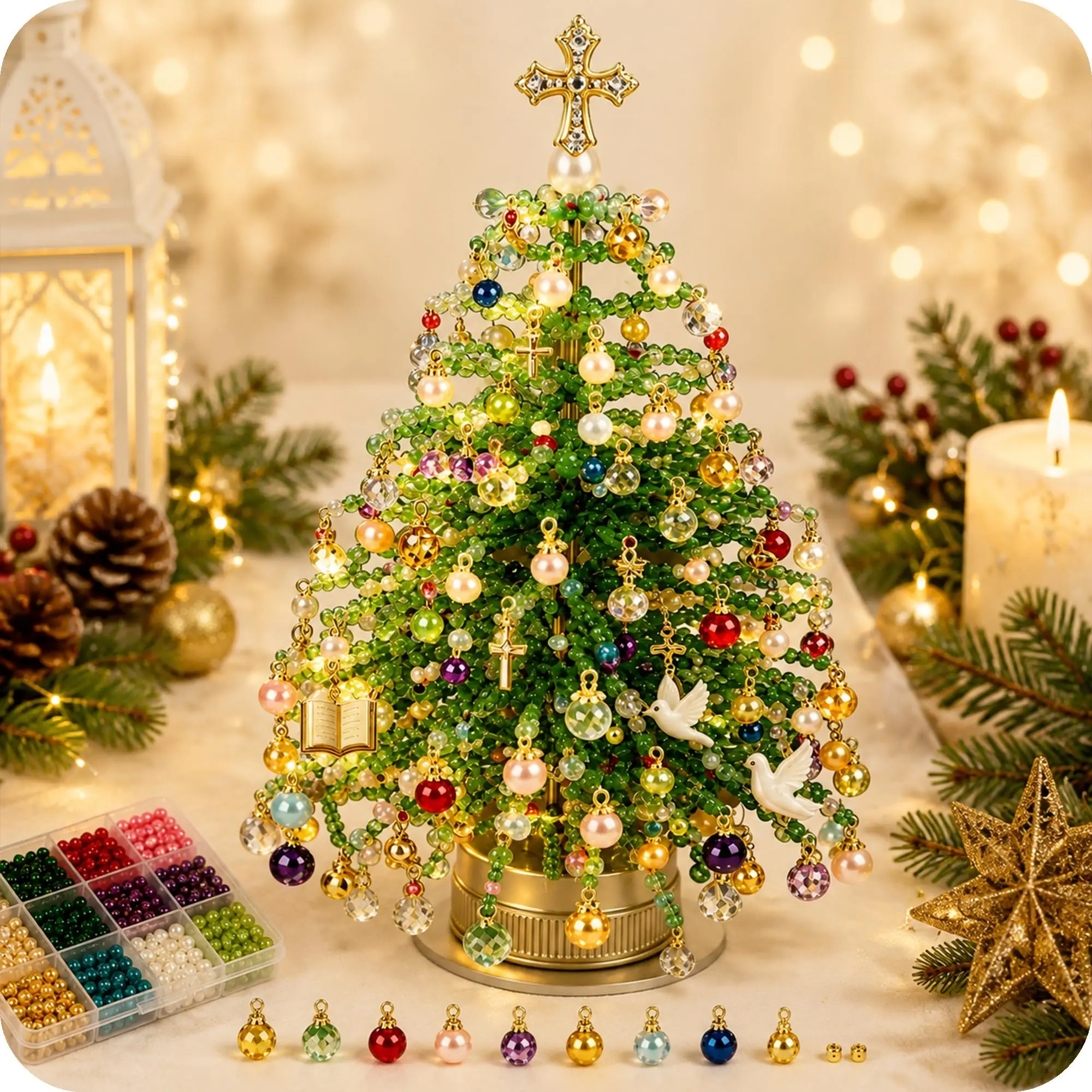 Mini Beaded Desktop Christmas Tree Craft Kit with Colorful Pearls, DIY Small Christmas Tree Decor, Home Office Holiday Centerpiece