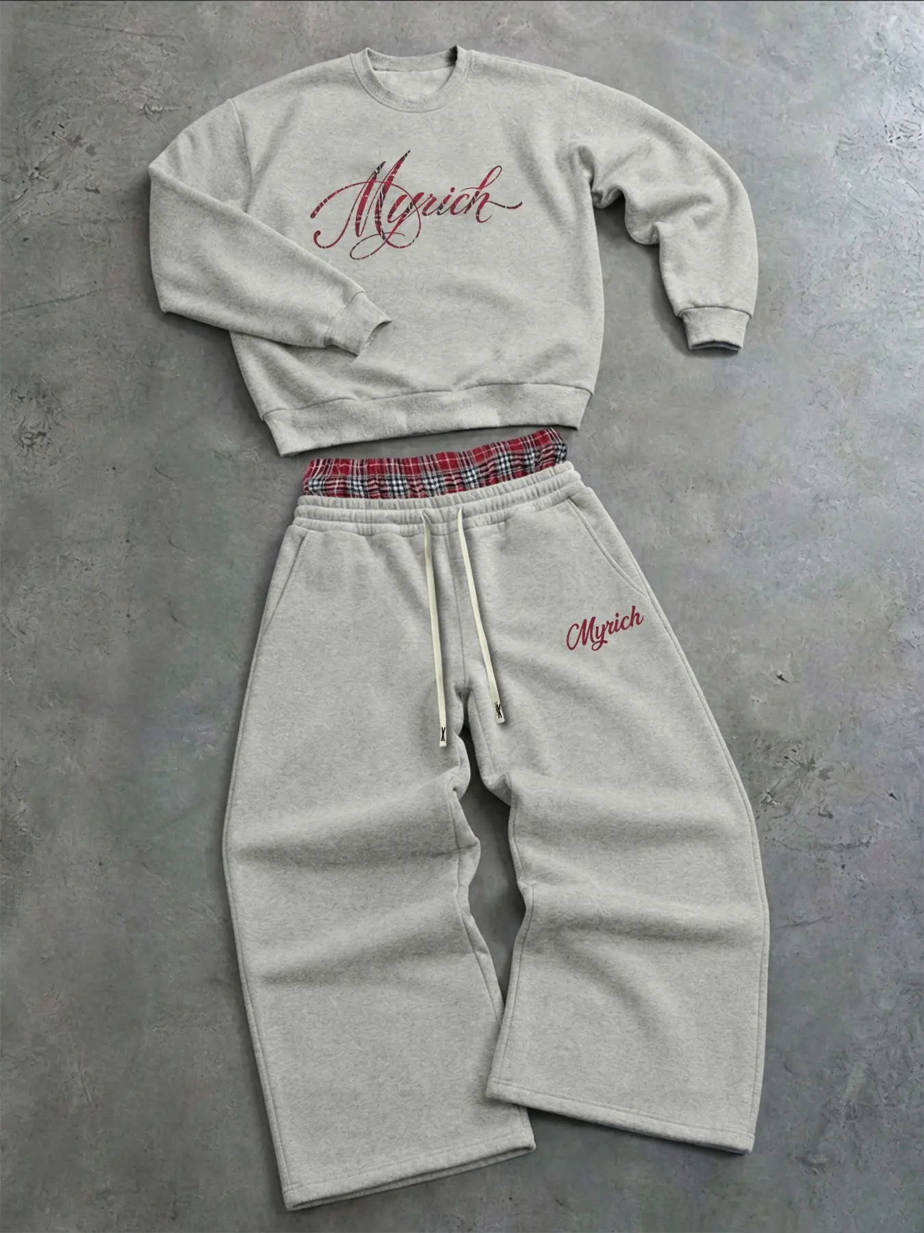 Men's Thickened Round Neck Sweatshirt Set, Script Letter Print, Plaid Patchwork Pants, Drawstring Wide Leg, Fall Winter