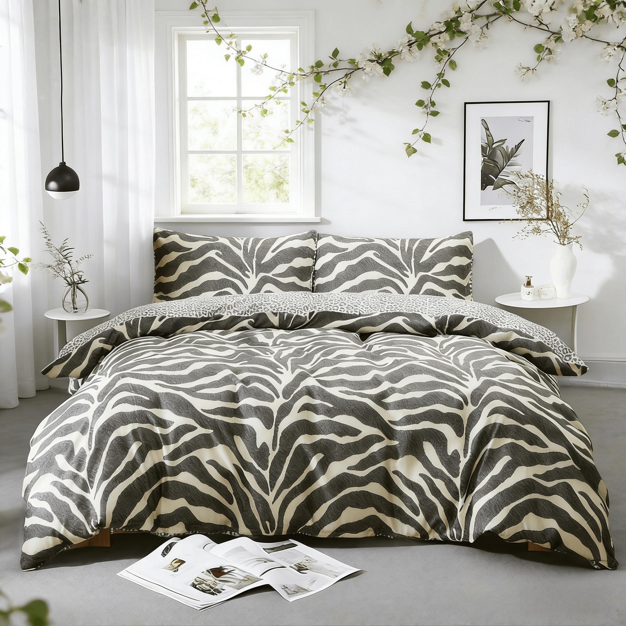 Zebra Print & Leopard Pattern Bedding Set, Reversible 3 Piece (1 Duvet Cover + 2 Pillowcases No Insert), Soft Comfortable, Soft Bedding Sets, All Seasons Use, Gift Idea