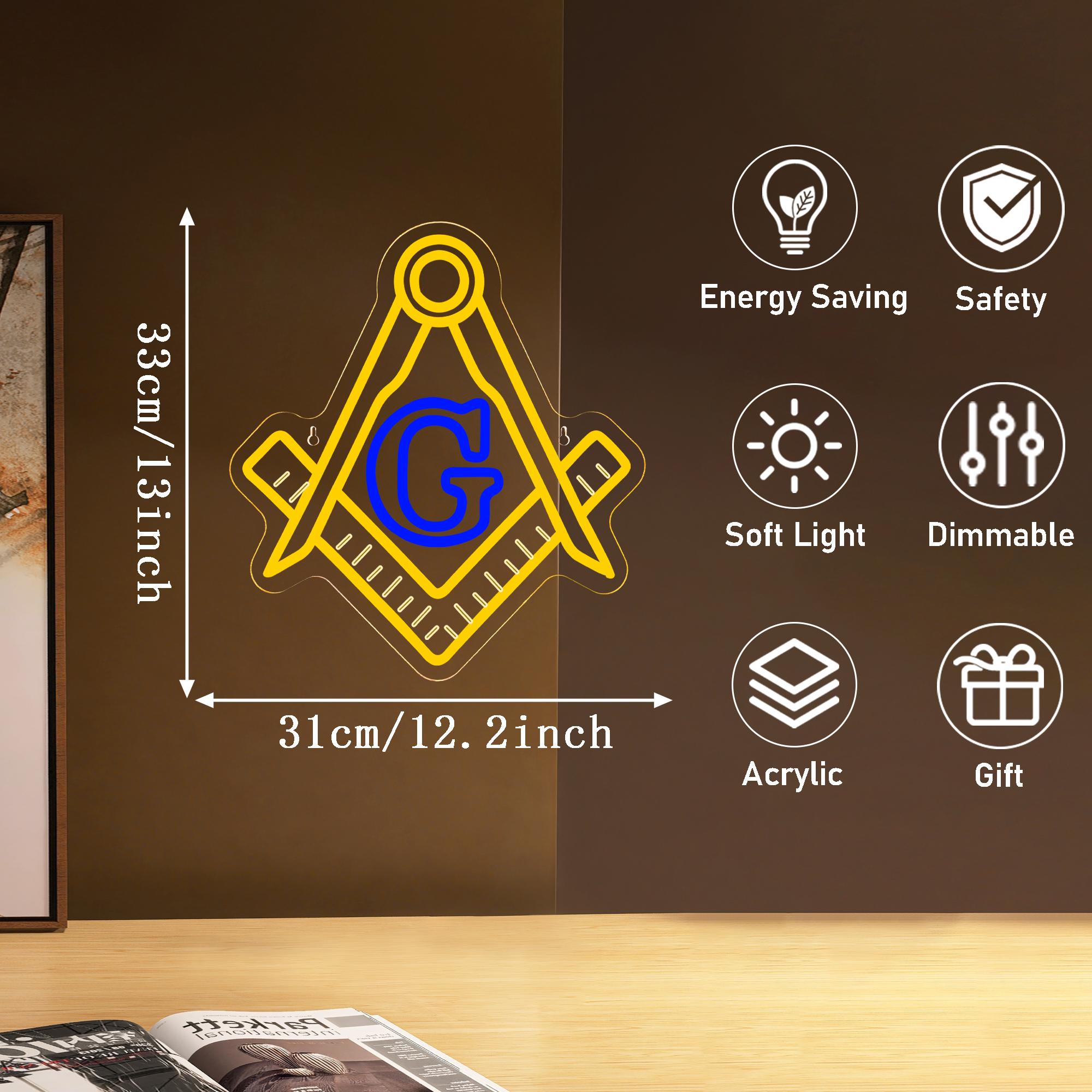 Vibrant Masonic Symbol Luminous Led Sign, Square, Compass and Letter G Pattern Creative Neon Light, Powered by USB, for Office, Wall Corridor, Meeting Room, Club，Halloween Christmas Gift