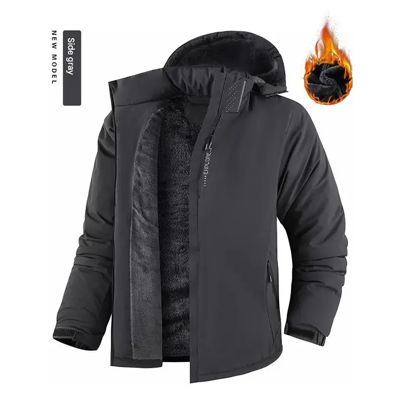 1Outdoor Windproof Waterproof Plus Size Mountaineering Jacket Winter Fleece Thick Warm Softshell Coat Men's Cotton Jacket Side Grey Thermal Lined Outerwear