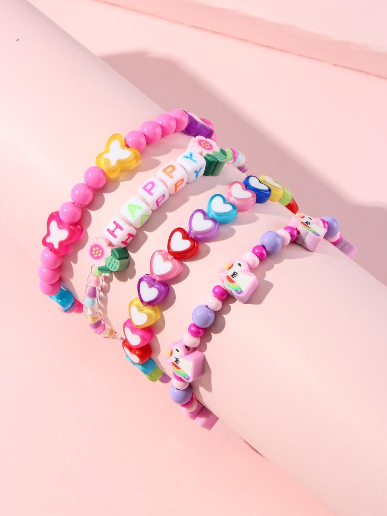 4pcs/set Multicolor Acrylic Beaded Bracelets, Heart Butterfly Letter Glass Beads, Party Gift for Girls, All Seasons Fashion Accessory