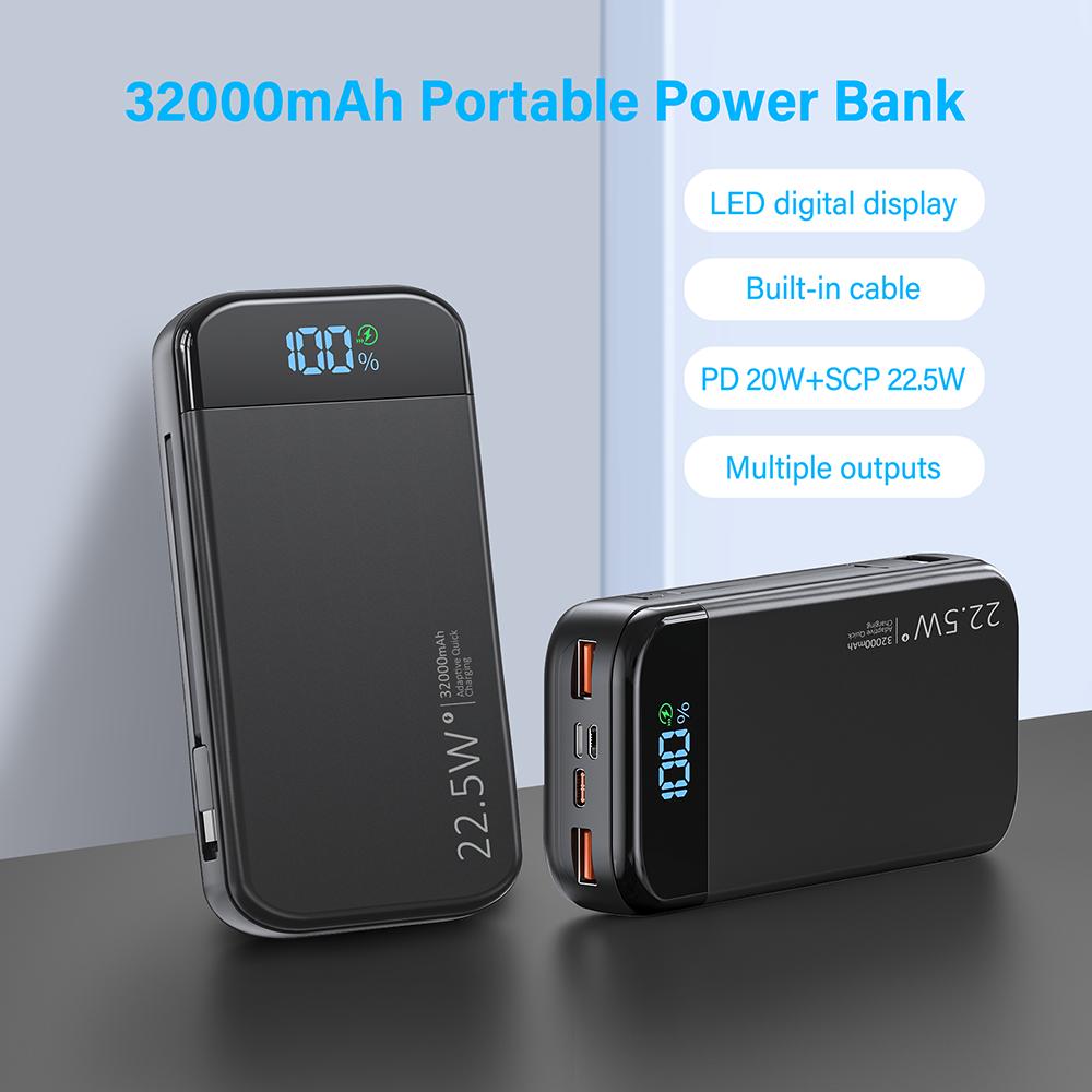 32000mAh Portable Charger with Built-in Cables, 22.5W Super Fast Charging Power Bank, Dual USB Output, 5 Outputs & 3 Inputs, 5 Outputs LCD Display Travel Battery Pack Compatible with iPhone, Samsung All Cell Phones