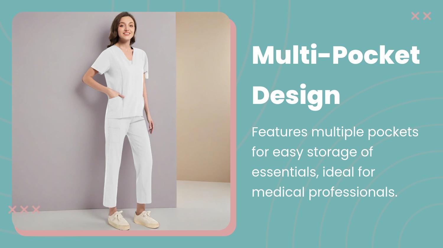 Women's Medical Short Sleeve V-Neck Multi-Pocket Set Uniforms, Lightweight Comfortable Polyester, All Seasons, Suitable for Nurses Doctors Dentists Beauty Salons, Workwear Womenswear