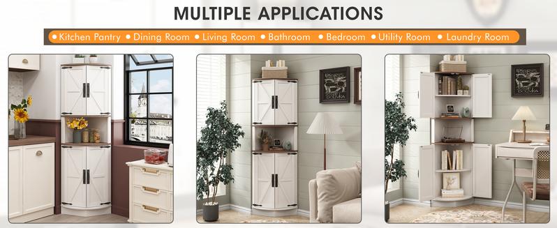 Vabches 64.8" Tall Farmhouse Corner Cabinet with 4 Doors and 5 Storage Shelves, Farmhouse Storage Cabinet with Barn Door Design, Home Space Saver for Living Room, Kitchen, Laundry Room