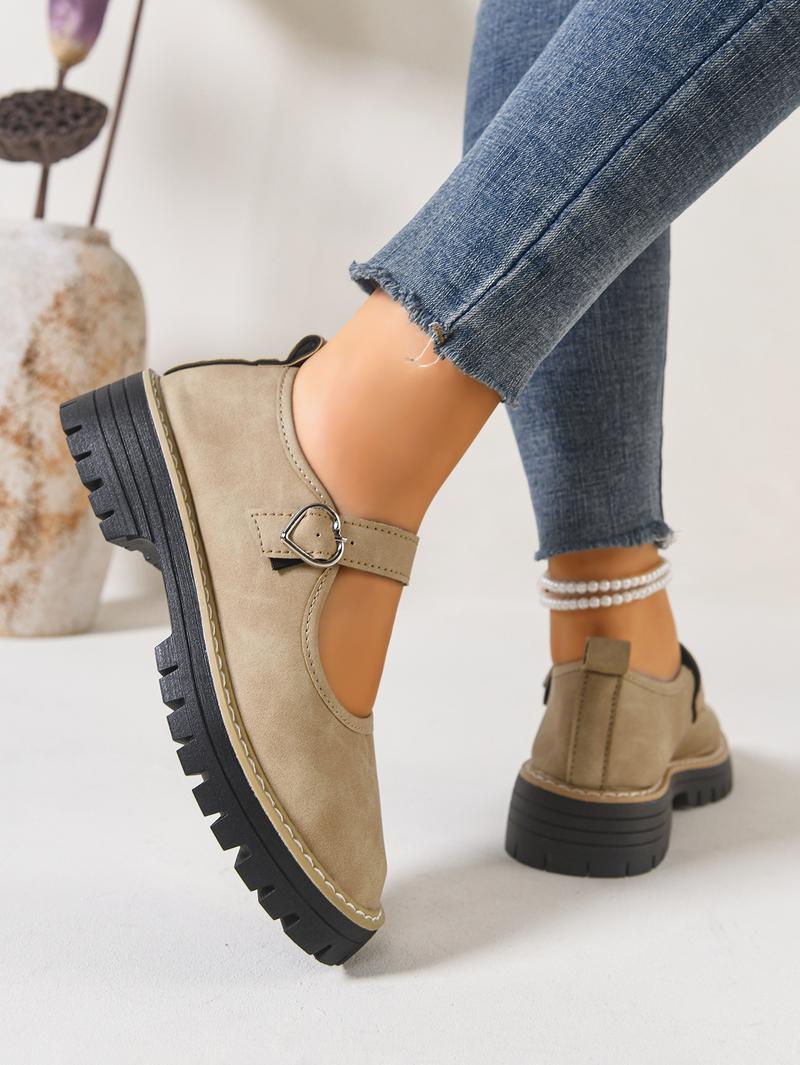 Women's Shiny Heart Buckle Loafers with Thick Sole, Stylish Casual Round Toe Shoes for All Seasons, British Style Elegant Flats, Mary Janes
