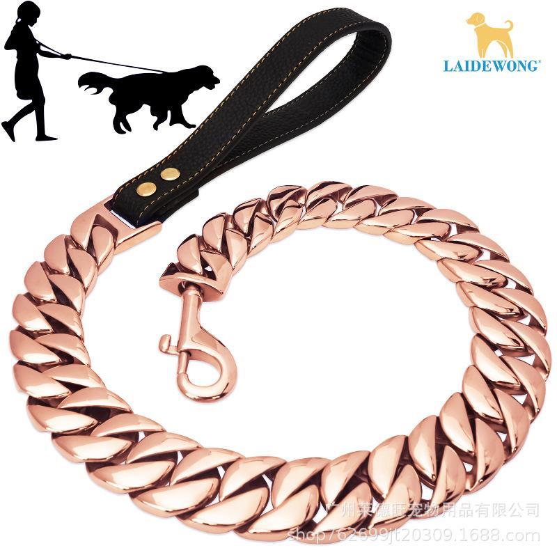Heavy Duty Stainless Steel Dog Leash with Leather Handle, Chew Proof Cuban Link Metal Chain Lead for Medium Large Dogs, Strong Walking Pet Leash