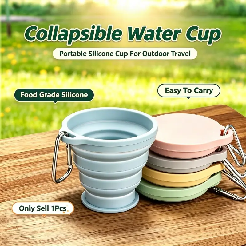 Foldable Silicone Travel Cup Set, Food-Grade Reusable Portable Water Bottle, with Lid and Hook, Ideal for Camping, Hiking, Outdoor Adventures