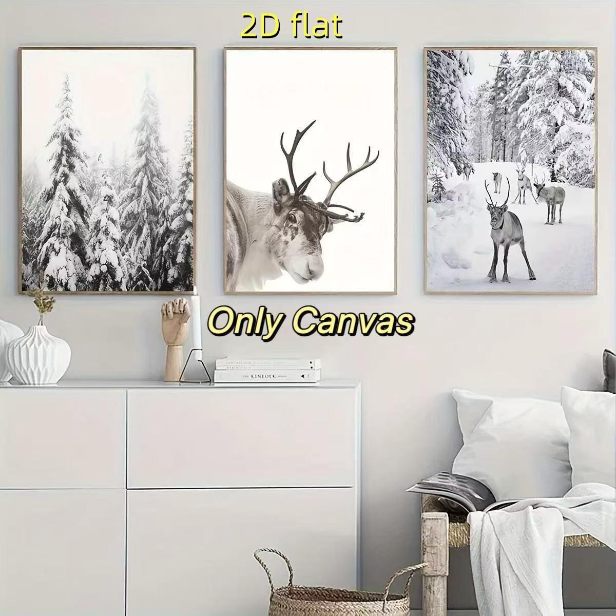 3 reindeer print animal winter canvas posters, Nordic Christmas snow covered trees home decor artwork 2D flat printing frameless painting