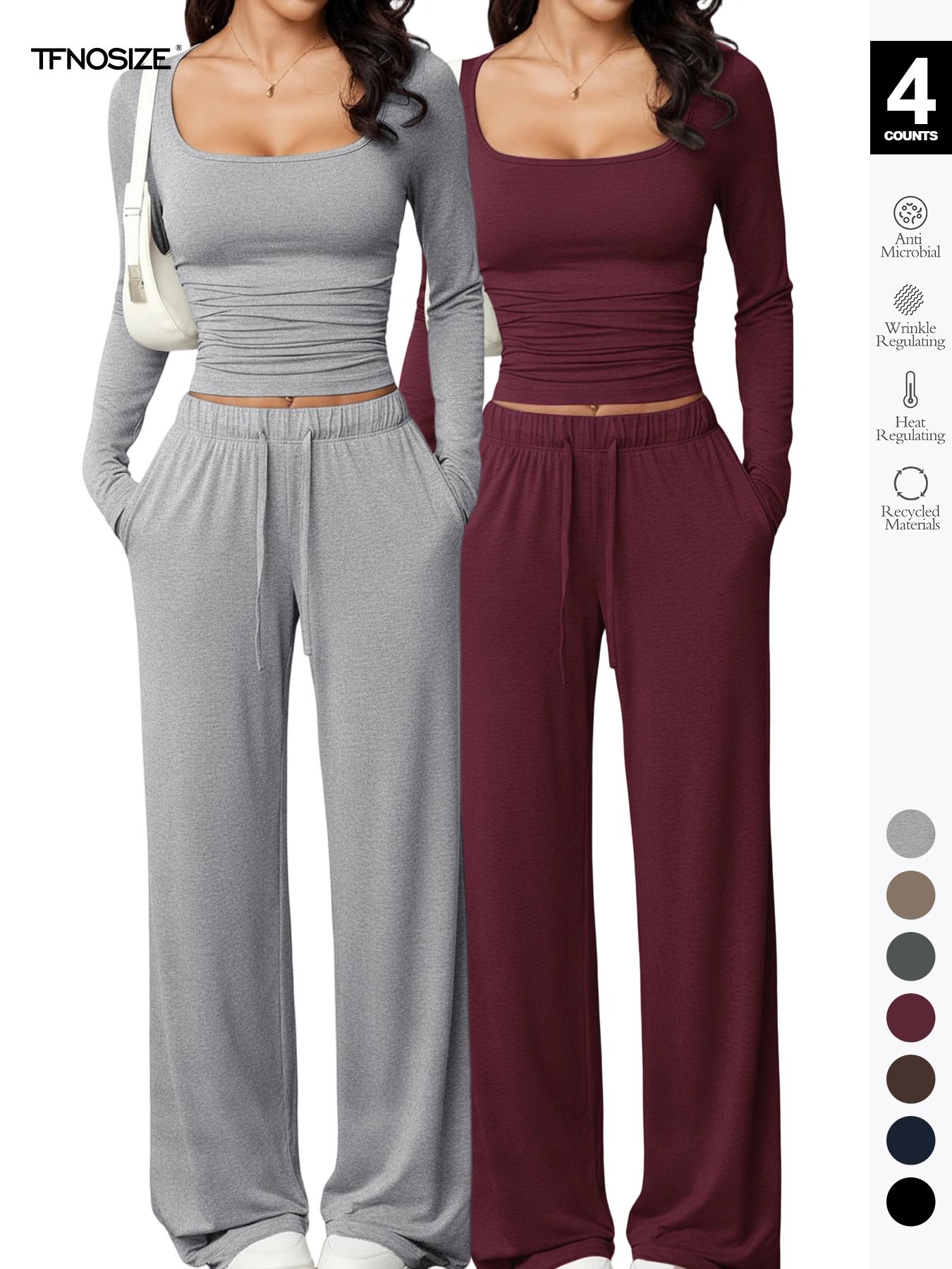 Women's Long Sleeve Square Neck Loungewear Set, Casual Loose Fit Home Wear, All Seasons Soft Comfortable Fabric, 2026 New Arrival