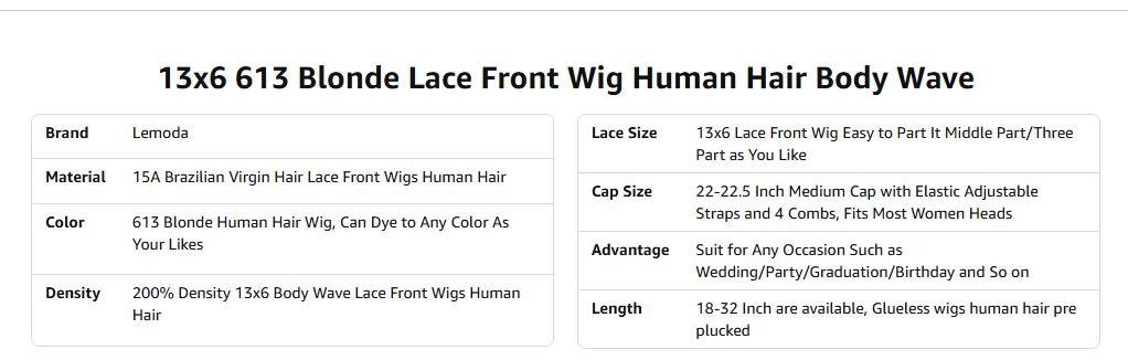 Lemoda 613 13x6 Lace Front Wig Human Hair 200 Density Body Wave 13x6 HD Transparent Lace Wig Pre Plucked with Straight Hair 15A Brazilian Virgin 613 Blonde Wig Human Hair for Women