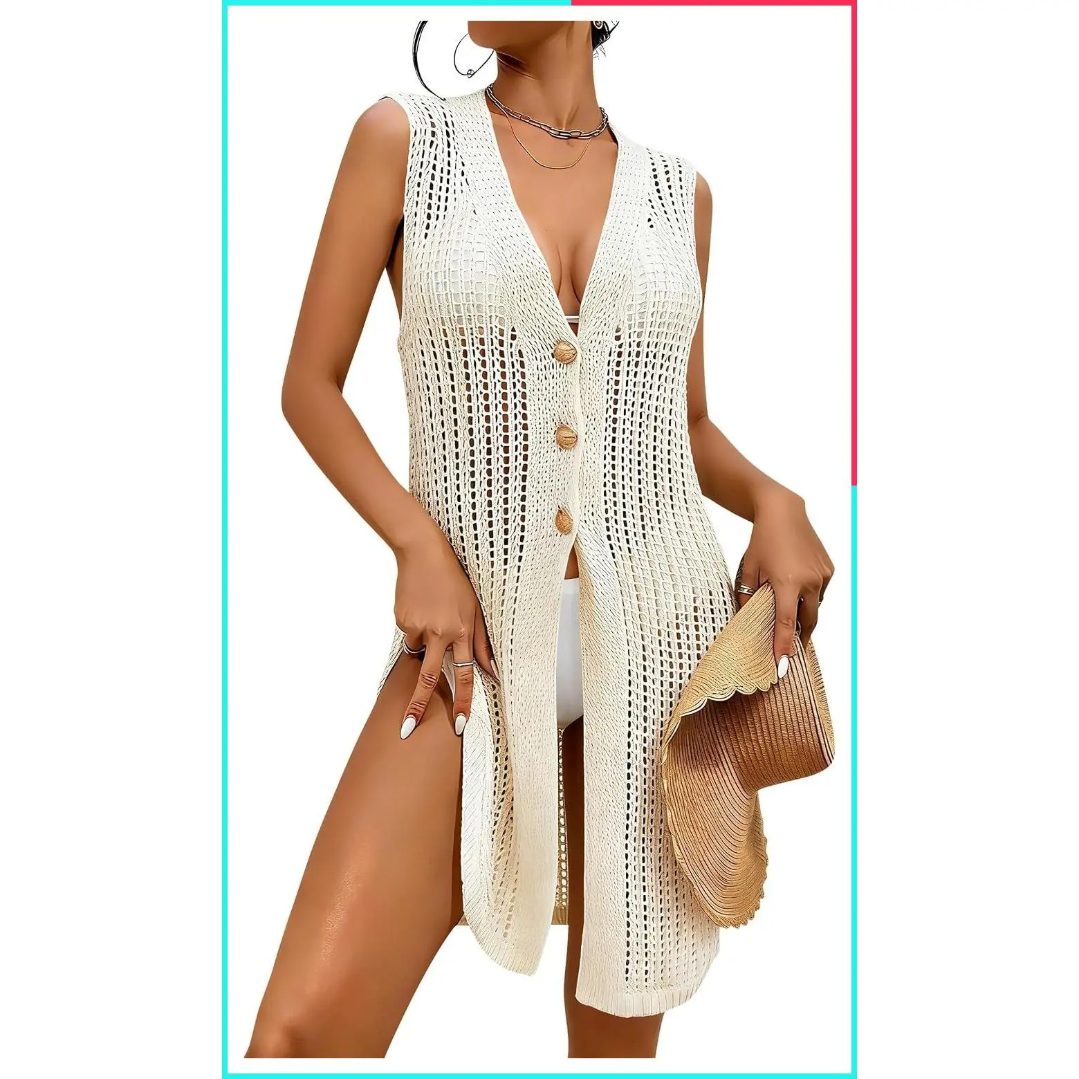 Women's Sleeveless Crochet Cardigan Boho Long Vest | Hollow-Out Swim Cover Up, Loose Fit Open Knit Lightweight Dusters, Summer Cardigans, Beach Vacation Casual Outfits