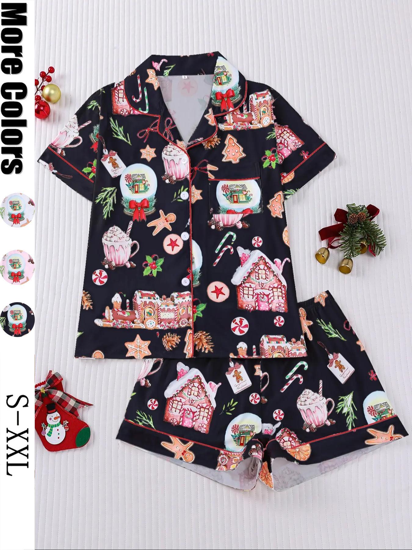 【Christmas Pyjamas】Women's Set, Watercolor Gingerbread Print, Short Sleeve Button Front Top & Elastic Shorts, Casual Home Wear, Loungewear